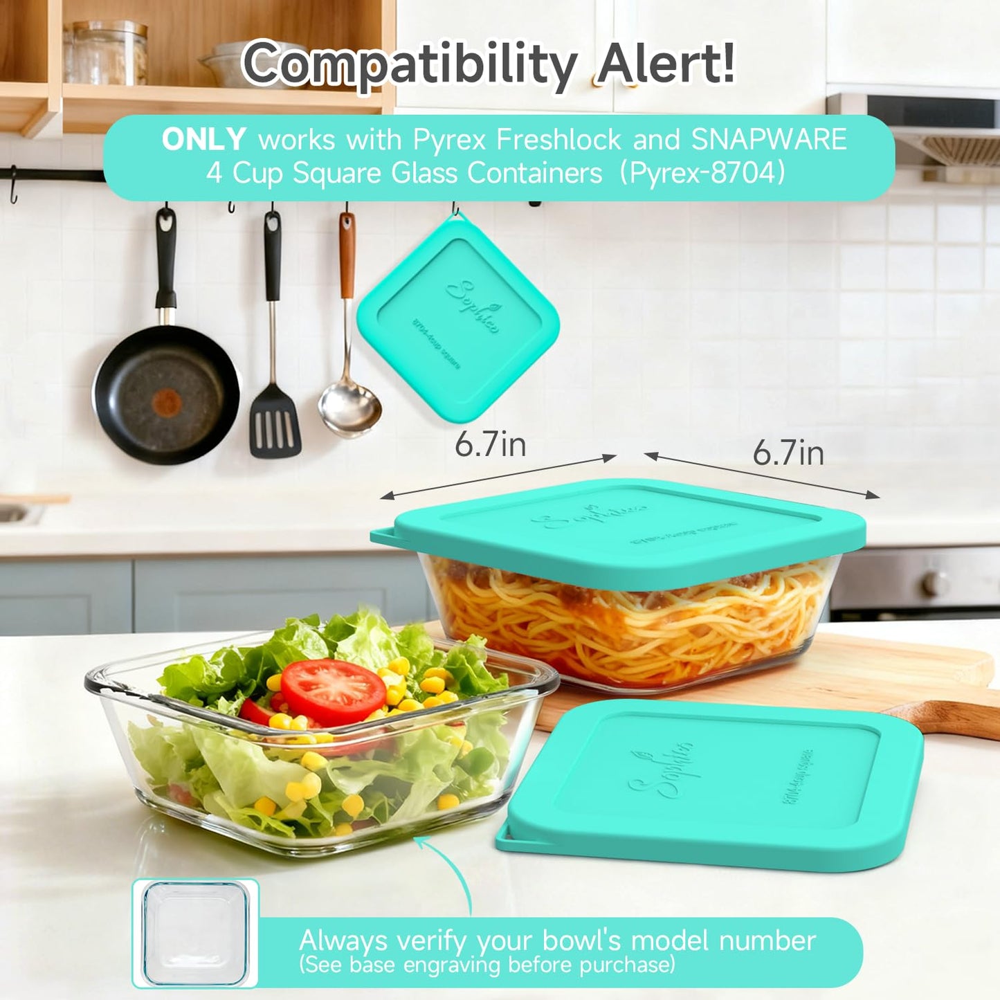 Sophico Silicone Cover Lid Replacement Only for Pyrex Freshlock and SNAPWARE 4CUP Square Glass Bowls Container Set(8704), Leakproof Lids, Dishwasher Microwave Safe 5 Pack (Container not Included)