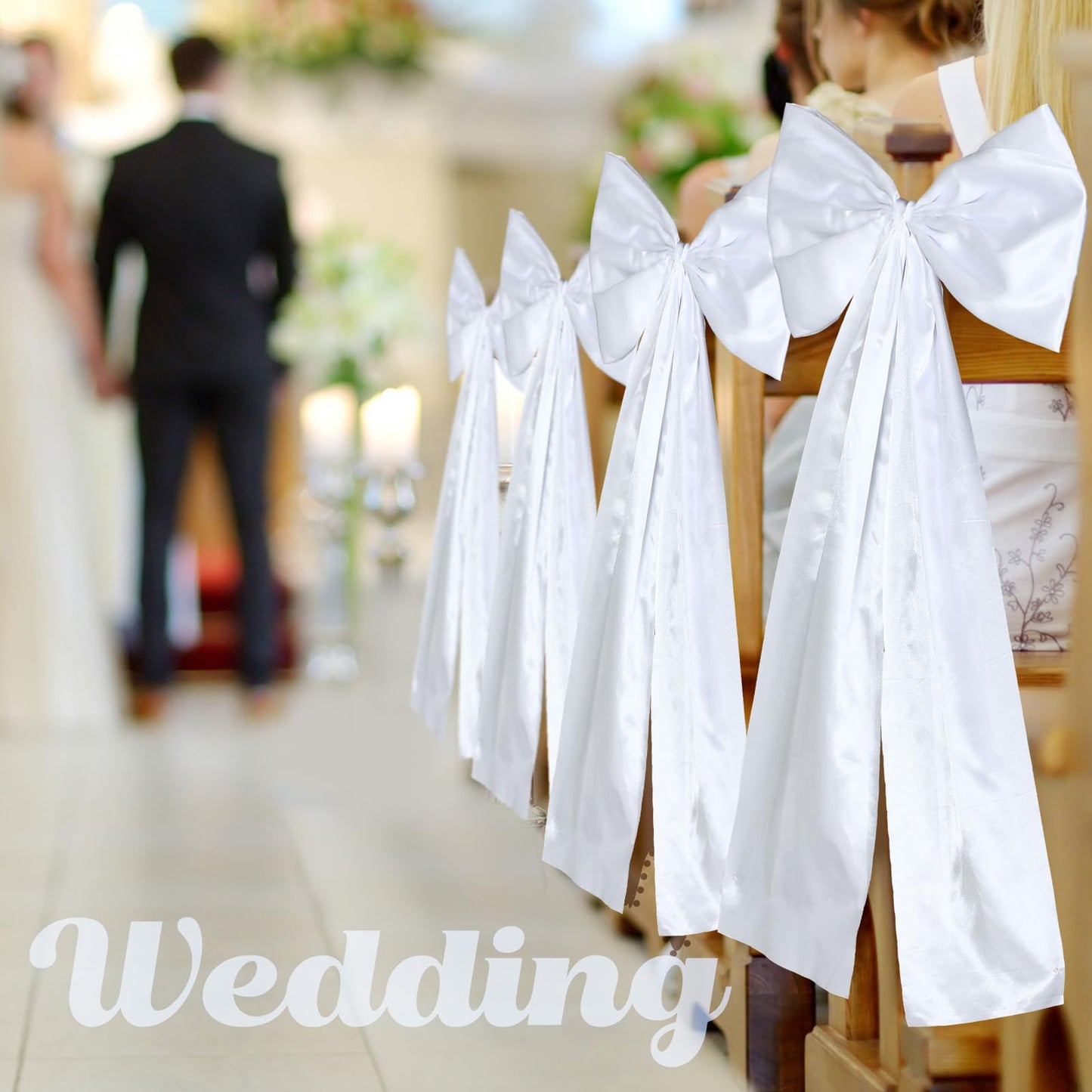 Knitgrip Large Wedding Pew Bows with Long Tails 12 x 29.5 Inch Wedding Aisle Decorations Bows Satin Ribbon Background Decor for Bridal Shower Reception Ceremony(White,12 Pcs)