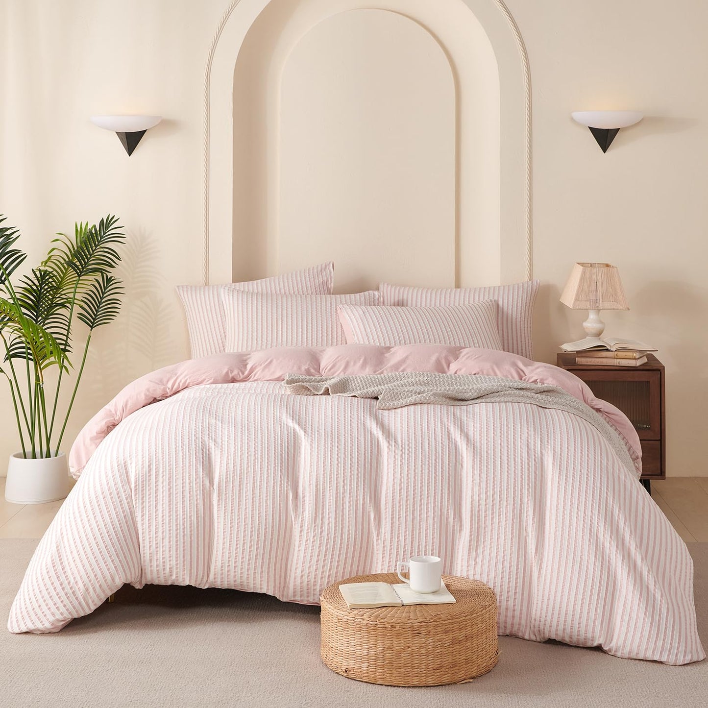BUPIRD Pink Comforter Set Queen Size Striped 100% Soft Washed Microfiber Jacquard 3 Pieces Striped Bedding Sets Pink White Comforter Queen for All Seasons and 2 Pillowcases Comfort Breathable