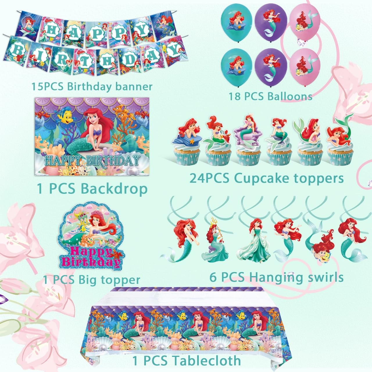 Ariel Birthday Party Supplies, Party Decorations Set Include Banner, Backdrop, Tablecloth, Balloons, Hanging Swirls, Cake Cupcake Toppers for Girls Little Mermaid Party Decorations