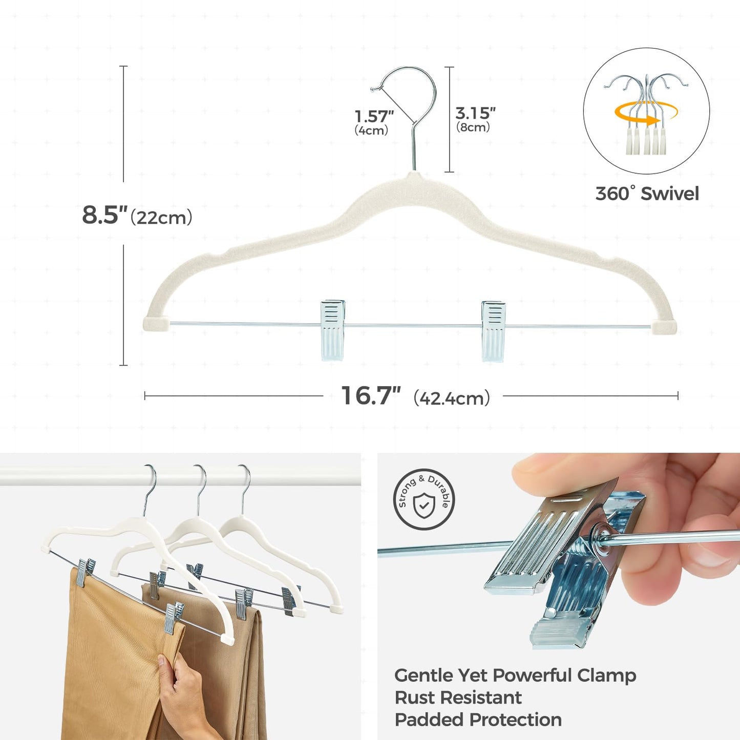 HOUSE DAY Velvet Hangers with Adjustable Clips 20 Pack, Non-Slip Suit Organizer with 360° Hook - Heavy Duty Hanger for Pants, Skirts, Blouses, Dresses - Outfit Hangers All-Season Space Saver (Ivory)