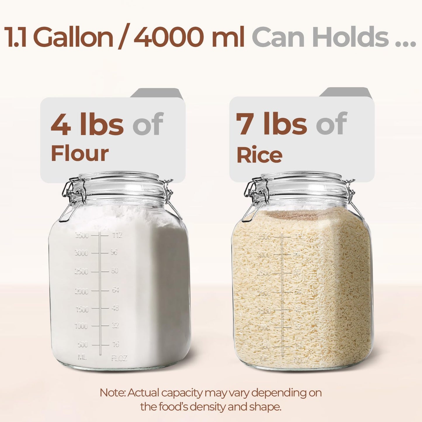 ComSaf 1 Gallon Square Glass Jars with Airtight Lids (135oz, Set of 2), Extra-Wide Mouth Canisters with Measurement Marks for Bulk Flour Storage, Fermenting Kombucha & Pickling