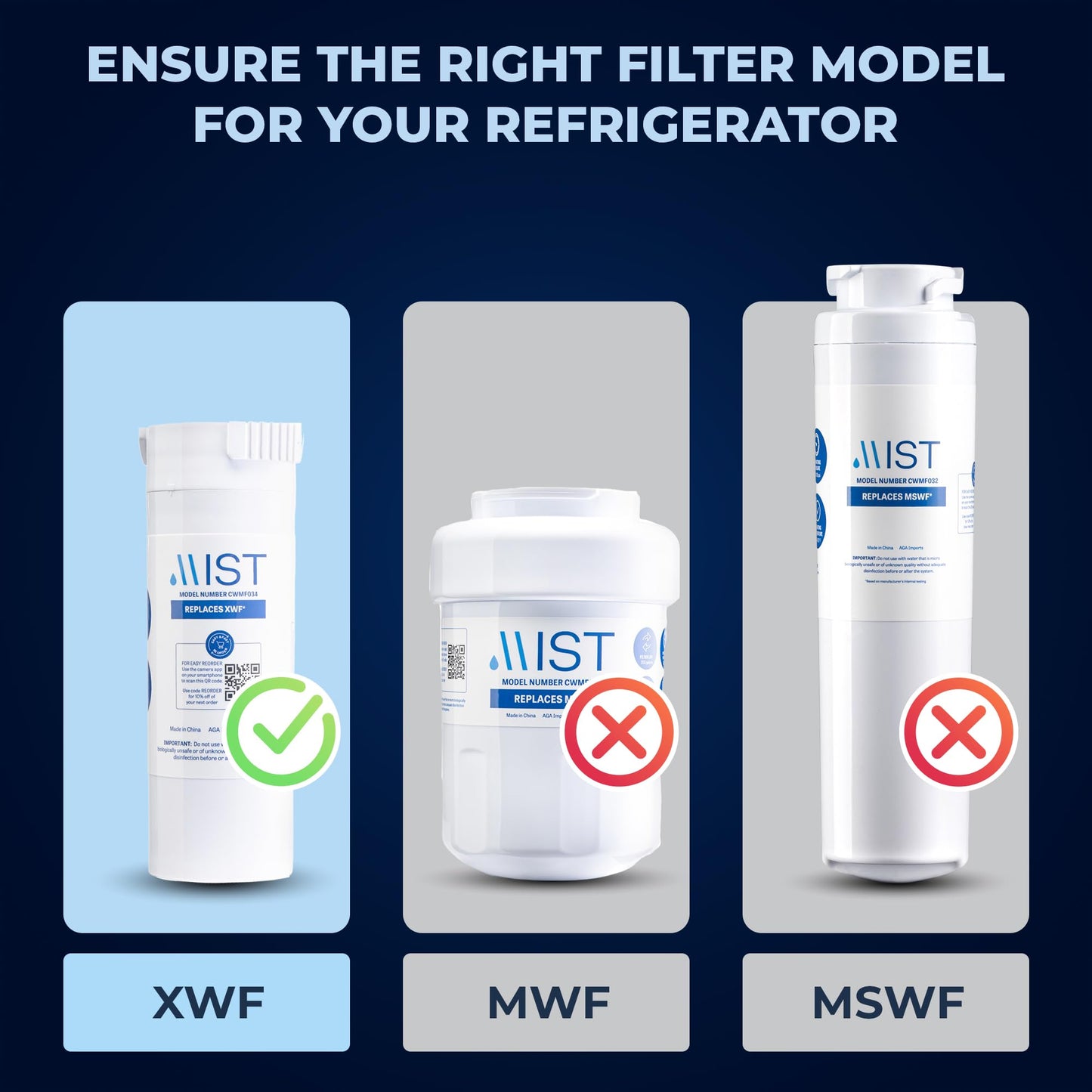 Mist XWF Water Filter Replacement for GE, Refrigerator Water Filter compatible with GWE19JSLSS, WR17X30702, GBE21, GDE21, GDE25, GFE24 (Not XWFE) GE XWF (3 pack)