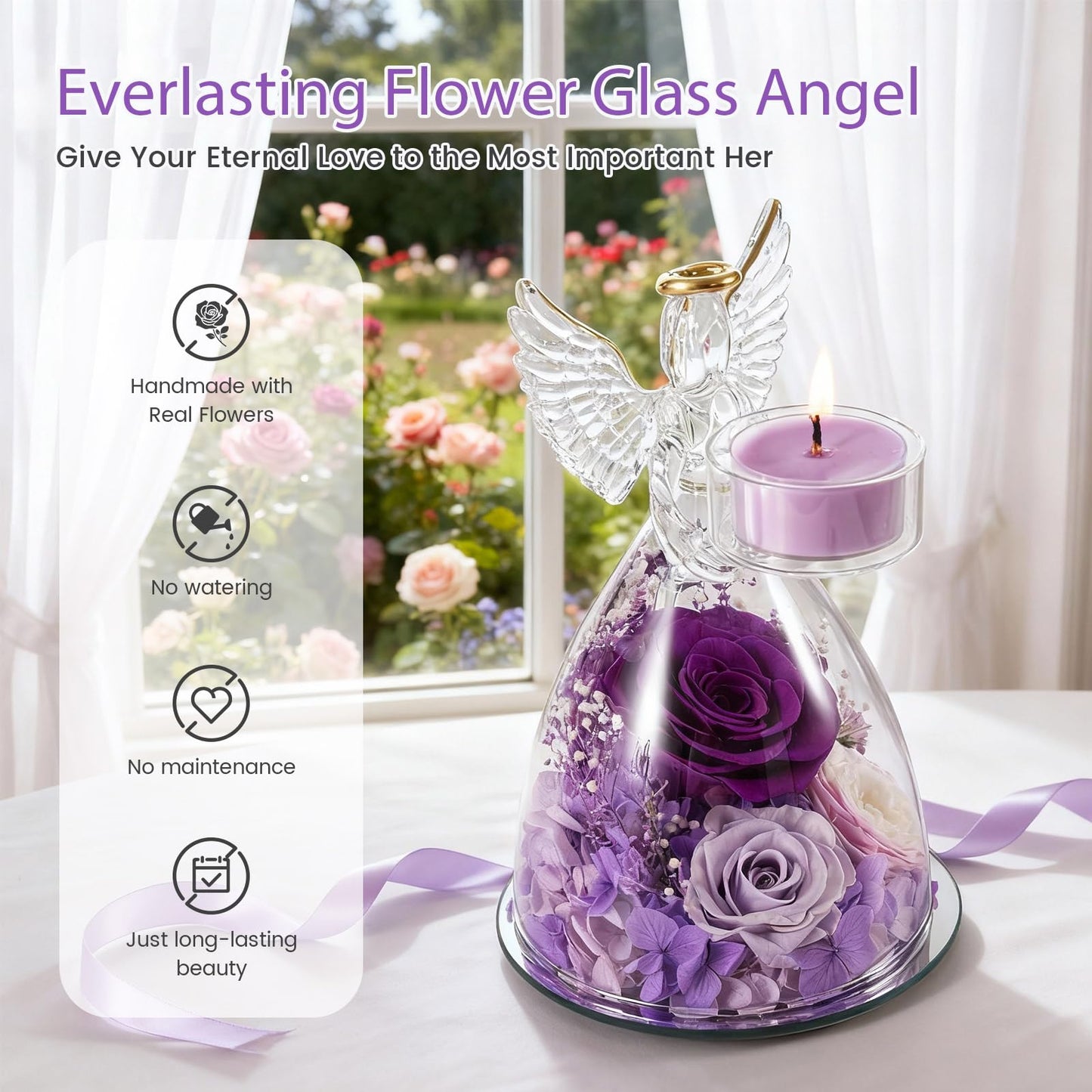AIMEYE Mothers Day Roses Gifts for Mom, Preserved Roses in Glass Angel Figurines with Tealight Candle Holder,Fresh Flowers for Delivery,Mothers Day Flowers Gifts for Grandma Women Wife from Daughter