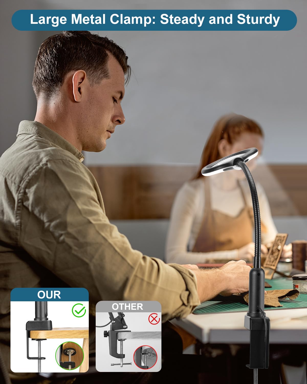 12X Magnifying Glass with Light and Stand, Real Glass, LED 5 Color Modes, Brightness Stepless Dimming Lighted Magnifier Hands Free with Flexible Gooseneck Desk Clamp Lamp for Close Work, Craft, Hobby