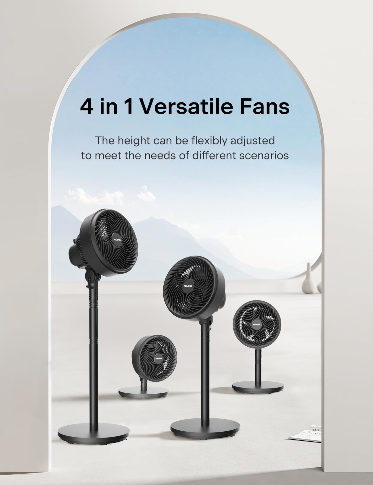 PELONIS 7-Inch Pedestal Air Circulator, Oscillation Fan, 3 Speeds, Adjustable Height (Tabletop/Standing Fan), 75°+90° Oscillation, 5-Blade Quiet Pedestal Fan for Bedroom, Office, Home