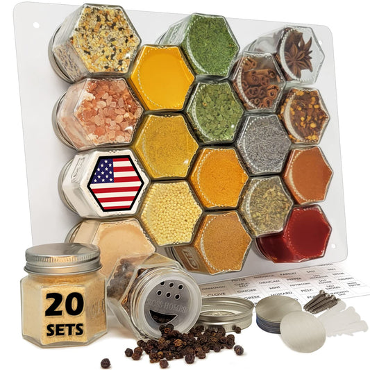 Magnetic Empty Small Hexagon Glass Spice Jars 20 Sets With Lids, Shaker, Board, Labels - DIY Spice Tins/Rack for Refrigerator, Fridge, Cabinet, Wall Mount