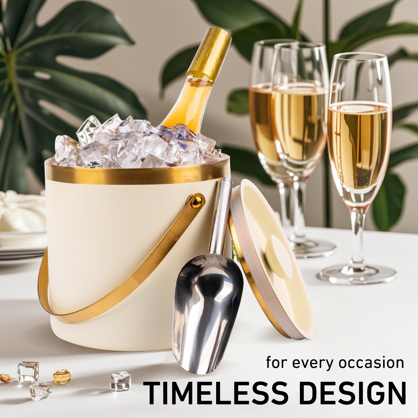 3L beige white Double Wall Insulated Stainless Steel Ice Bucket with scoop for Cocktail Bar,Metal Ice Bucket for freezer with Lid for parties.ice Container to Keep Ice Colder,bar cart accessories