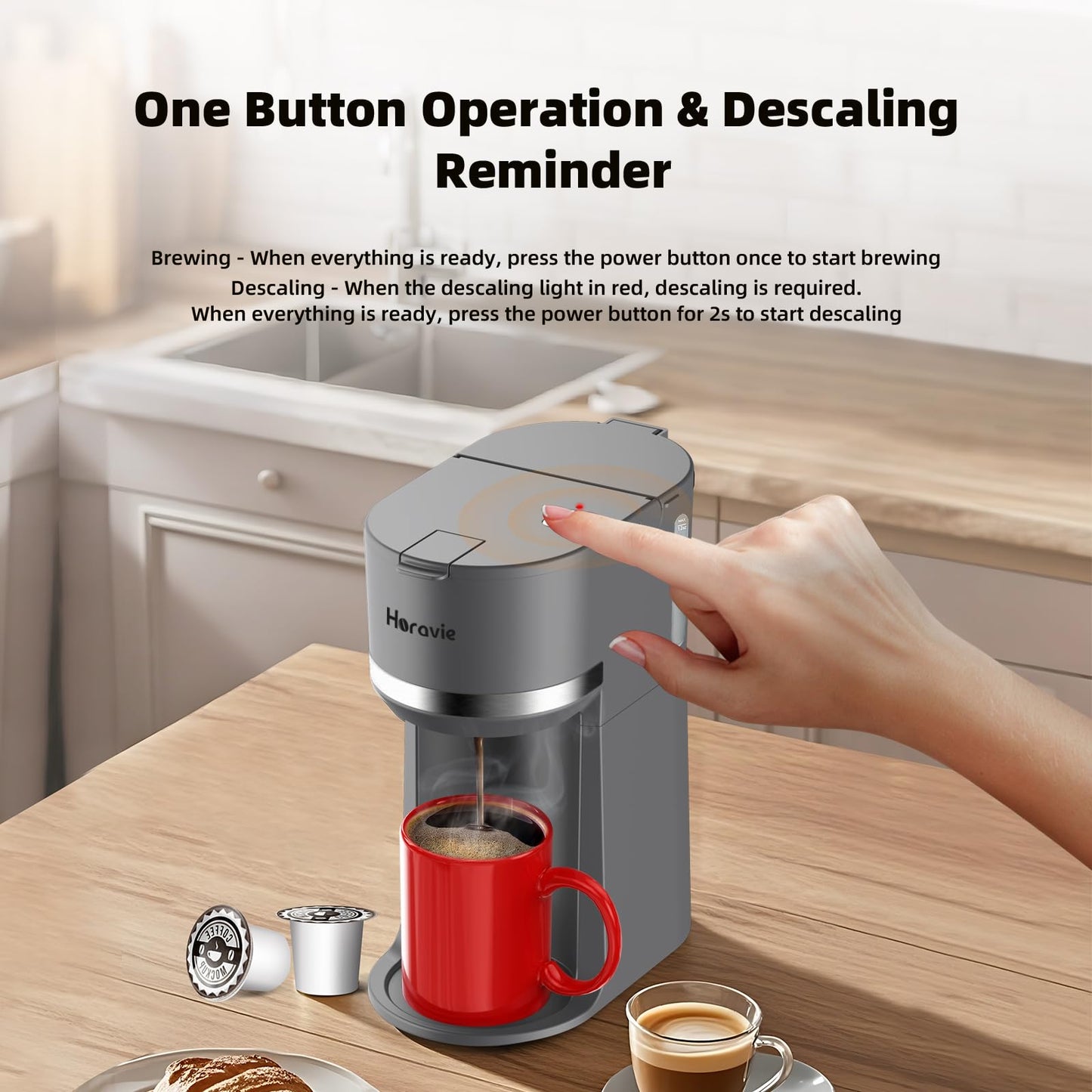 Horavie Mini Single Serve Coffee Maker for K Cup Pods and Ground Coffee, Fast Brew One Cup Coffee Machine with Descaling Reminder and Water Window, 6 to 12 oz. Brew Sizes, Gray