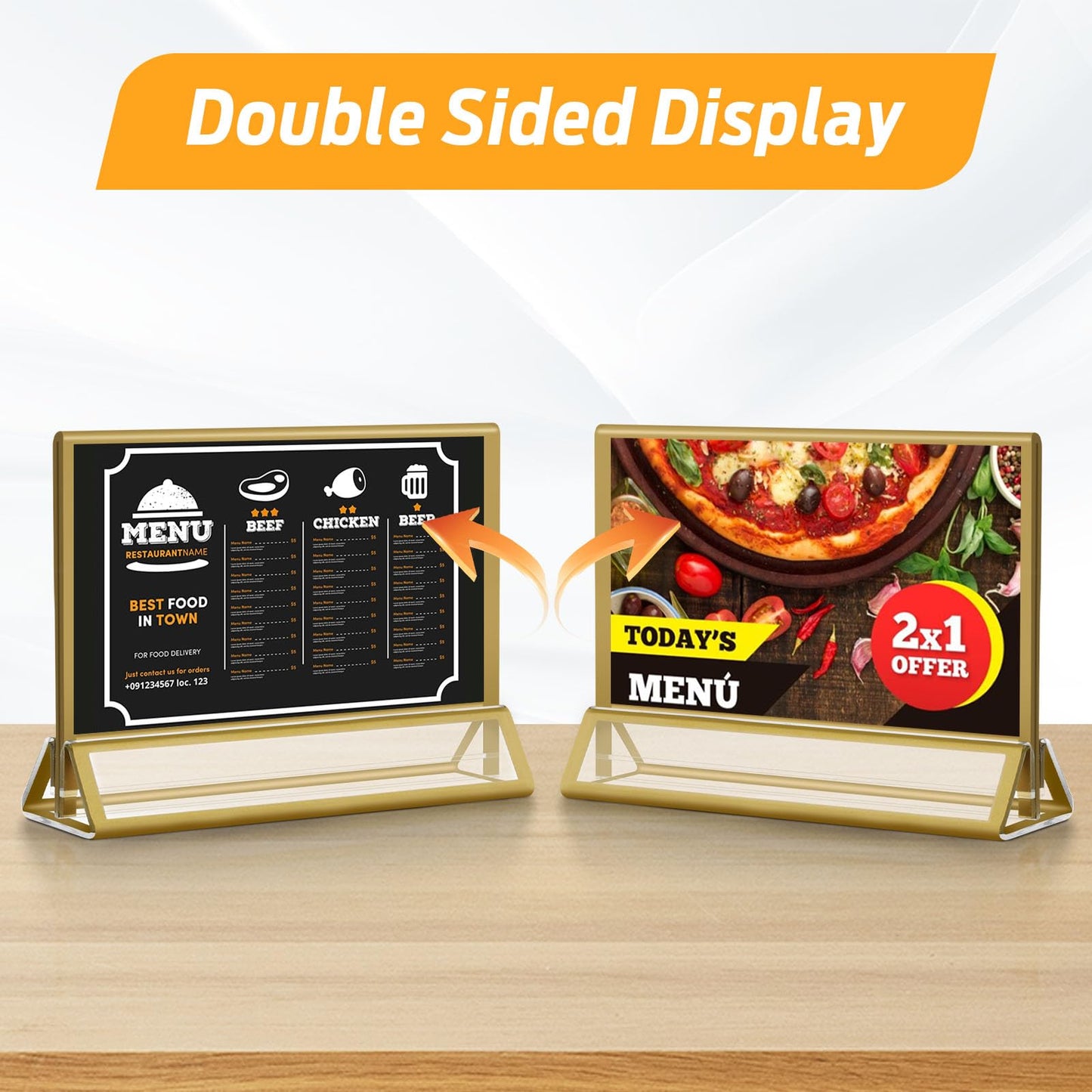 Smarpau 5x7 Acrylic Sign Holder with Gold Frames，16 Pack Wedding Table Number Holders，Double Sided Table Menu Acrylic Sign，Horizontal Picture Frame，Restaurant Sign，Photos Display，Paper Display Stand