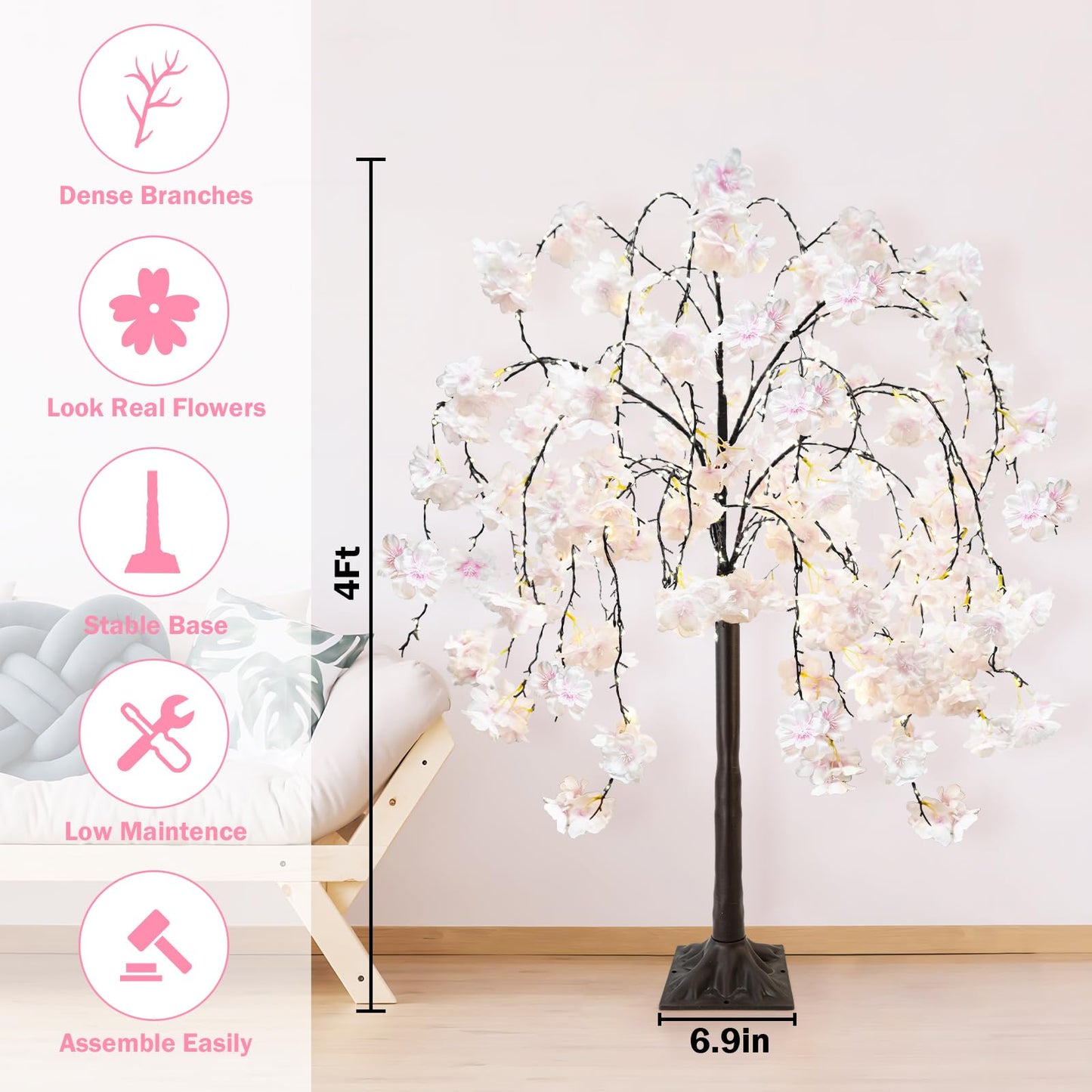 obbsie 4FT Cherry Blossom Tree with 360 LED Fairy Lights Artificial Lighted Tree with 8 Lighting Modes Light Up Pink Tree with Faux Flowers for Spring Wedding Party Indoor Outdoor Decor