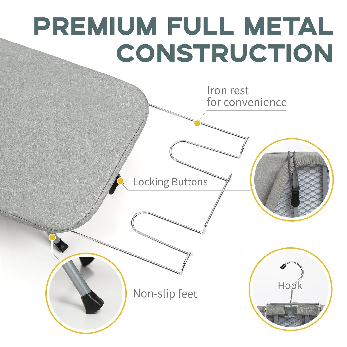 Metal Foldable Tabletop Ironing Board with Iron Rest, Portable Ironing Board Small with Heat Resistant Cotton Cover, RAINHOL Mini Iron Board for Small Space and Travel, 31"x12", Gray