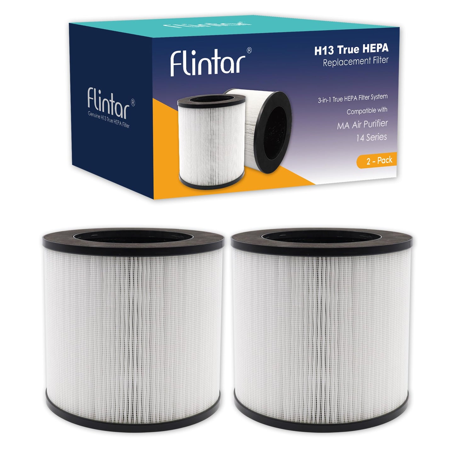 Flintar MA14 Replacement Filter, Made in TAIWAN, Compatible with MA-14 Air Purifier, 3-in-1 H13 Grade Filtration and Activated Carbon Filter Set (2-Pack)