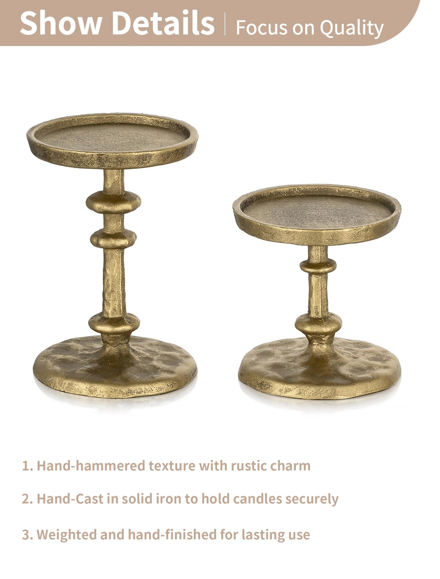 NUPTIO Gold Candle Holders for Pillar: Antique Brass Cast Iron Candleholder for 3 Inch Pillars -Heavy Metal Candle Stand for Christmas Party Table Decor