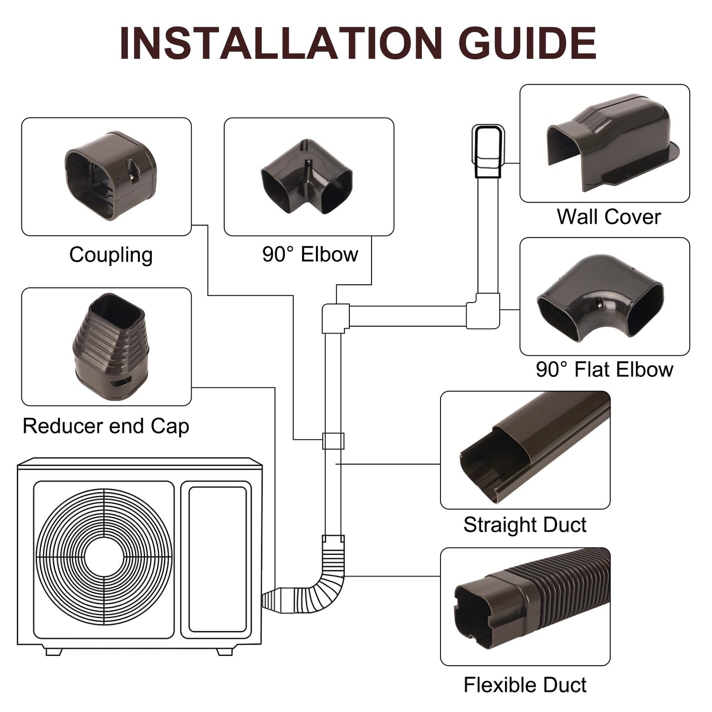HOXHA 3" W 10Ft L Brown Line Set Cover Kit for Mini Split Air Conditioners Decorative PVC Slim Line Cover for Central AC & Heat Pumps Systems Tubing Cover