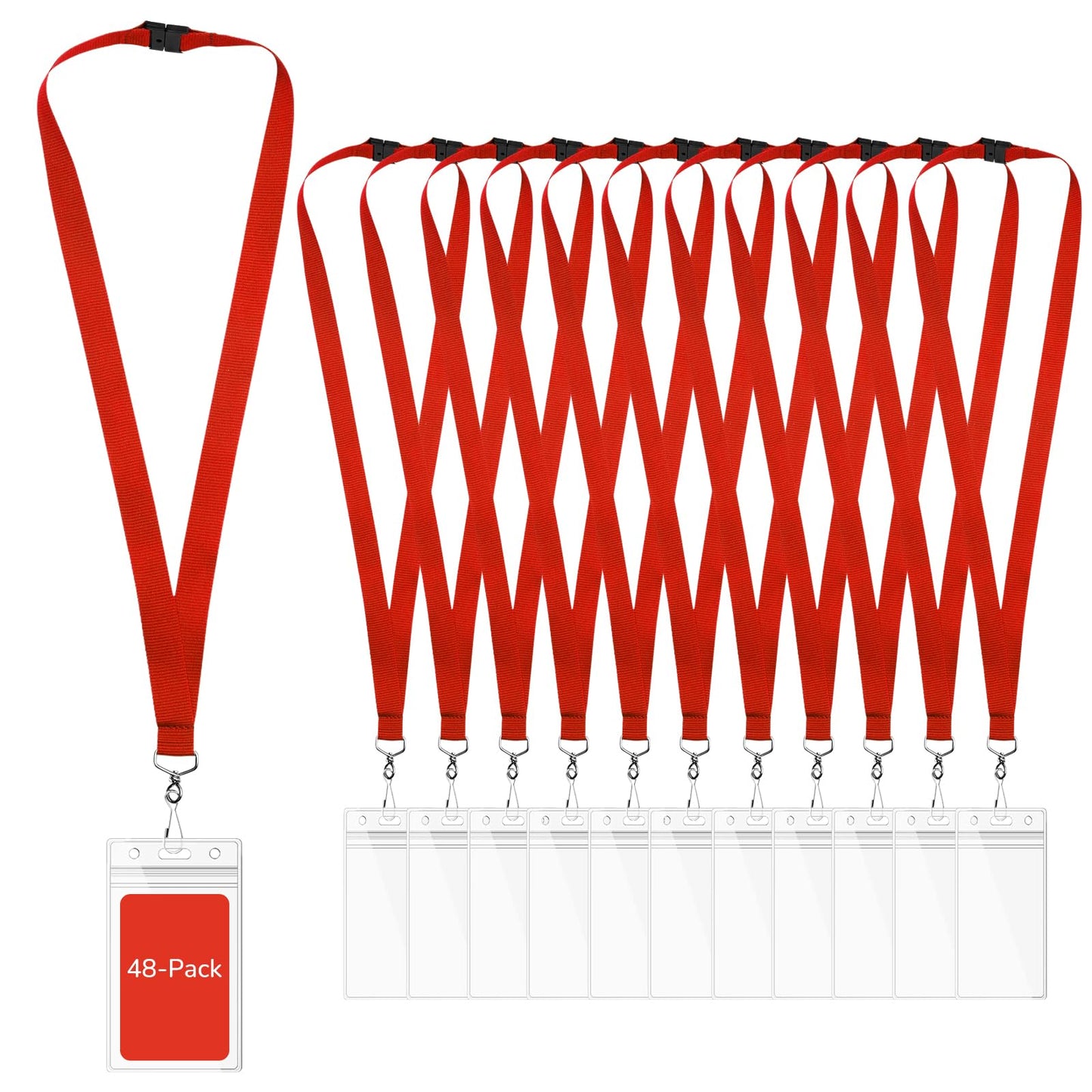 48-Pack Red Breakaway Lanyards with Waterproof Badge Holders, Polyester Neck Straps for ID Cards, Events, Office, and Schools