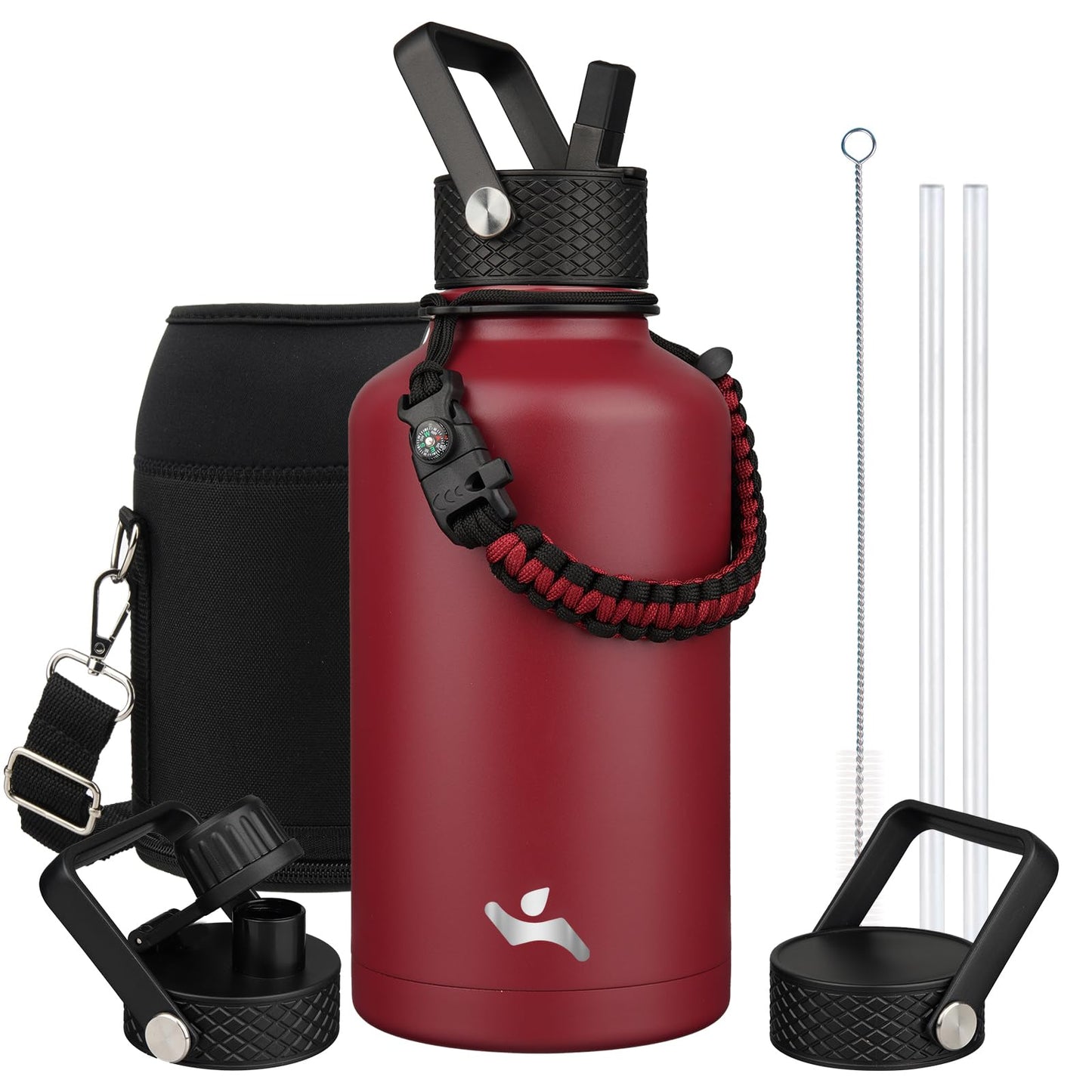 Konokyo Half Gallon Insulated Water Bottle with Straw,64 oz 3 Lids Water Jug with Carrying Bag,Paracord Handle,Double Wall Vacuum Stainless Steel Metal Flask,Dark Red