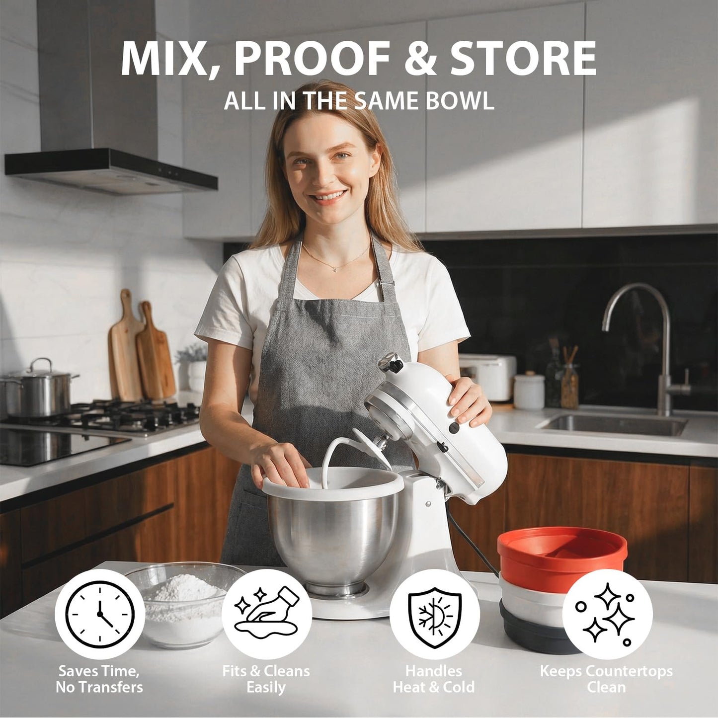 5 Qt Tilt-Head Silicone Liners for KitchenAid Mixer with Lids & Pouring Shield, Kitchen Aid Silicone Bowl Insert, Kitchen aid Accessories and Attachments for Baking & Cooking (3pcs White+Red+Black)