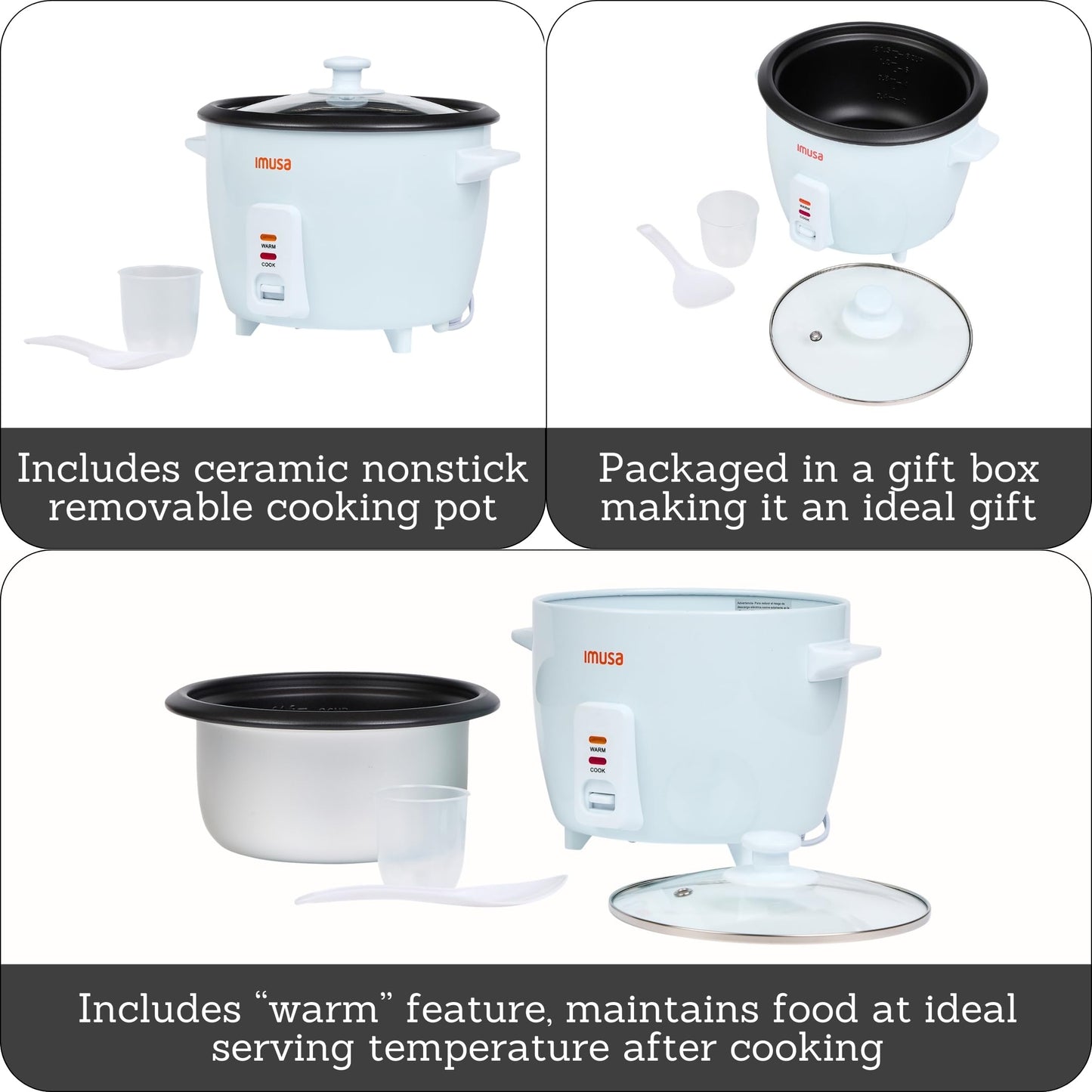 IMUSA Electric Rice Cooker 16 Cup Cooked 8 Cup Uncooked – Ceramic Nonstick Pot, Multi Cooker for Rice, Quinoa, Oatmeal, Stew – Keep Warm Function – Compact for Kitchen Dorm RV
