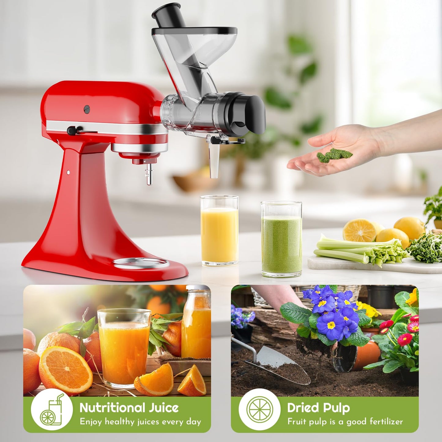Masticating Juicer Attachment for KitchenAid Stand Mixer, Cold Press Juicer for KitchenAid Mixer Attachments with Dual Feed Chute, Slow Juicer Machine for Vegetables & Fruits by InnoMoon