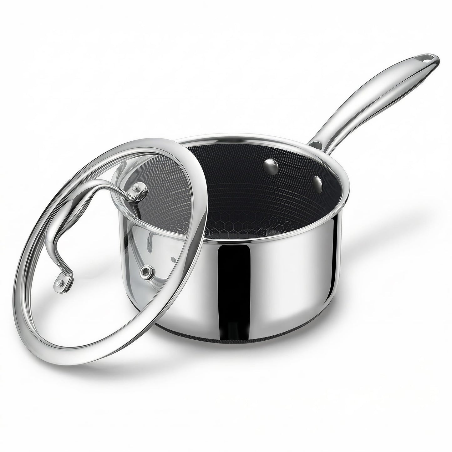 KC-Emier 1-Quart Nonstick Saucepan with Lid, Tri-Ply Stainless Steel Pot with Stay-Cool Handle & All Cooktop Compatibility (Gas, Ceramic, Electric) - Non-Stick