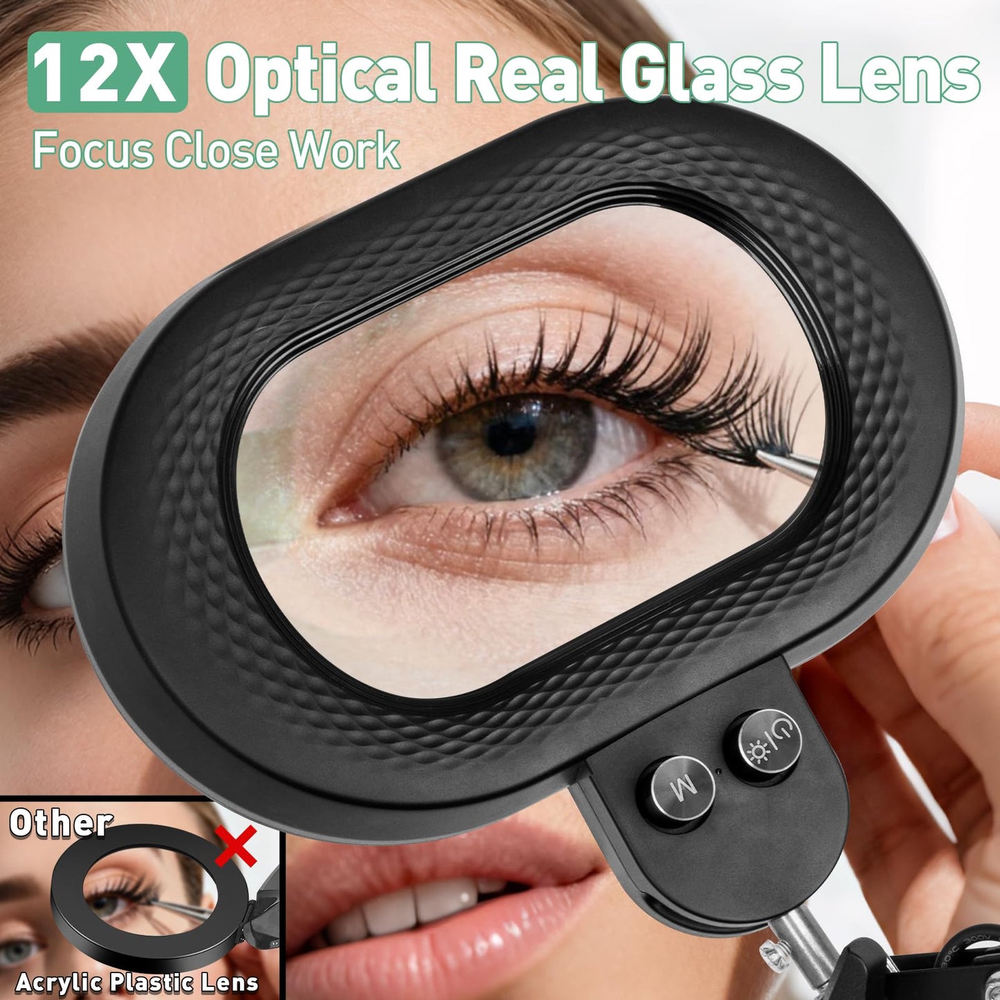 KMDES 12X Magnifying Floor Lamp, 2 in 1 Lighted Magnifier Glass with Light for Workbench, Craft, Sewing, Esthetician, Reading, 3 Axis Rotation Infinite Color Dimmable, 4 Wheel Stable Stand Base Black