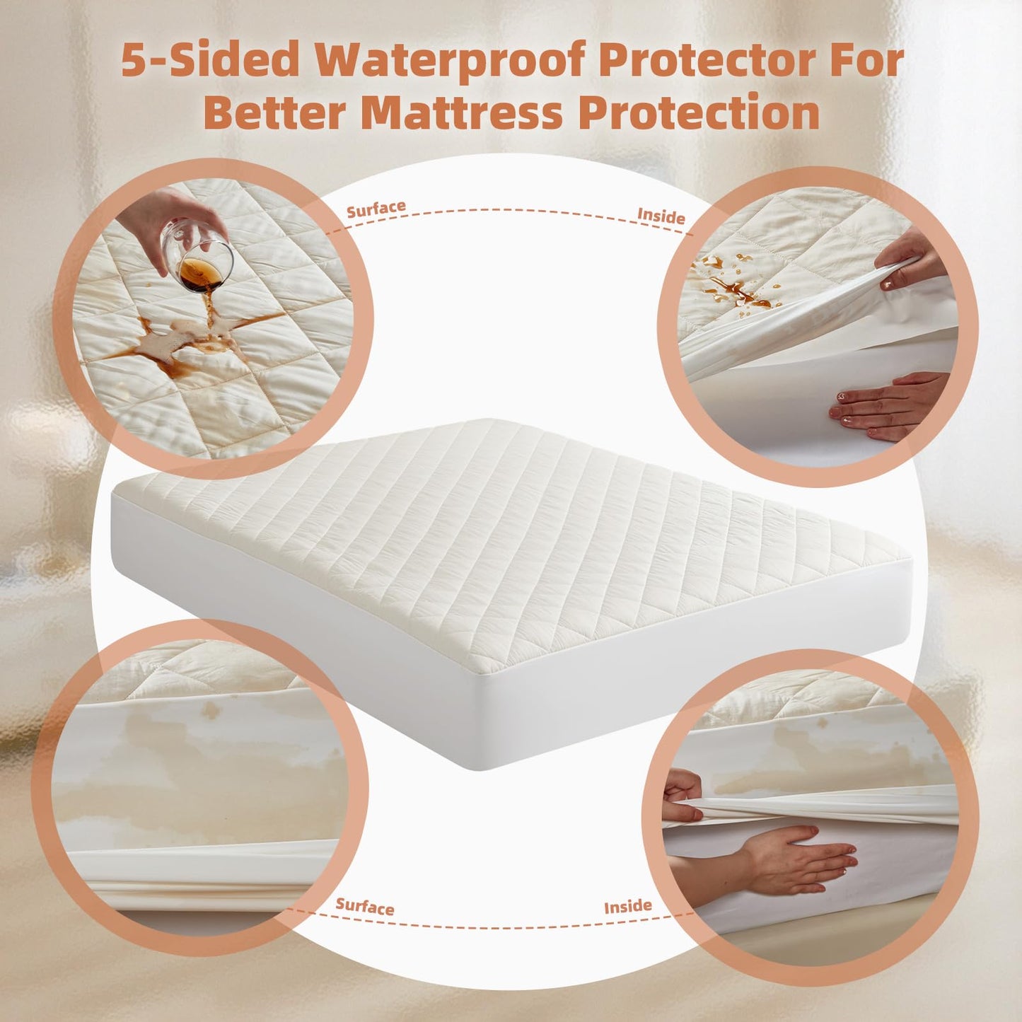 Lofe Organic Cotton Queen Mattres Protectors - Top&Side 100% Waterproof Mattress Protectors, Breathable Organic Mattress Protector, Noiseless Queen Mattress Protector Waterproof 80x60x17 in