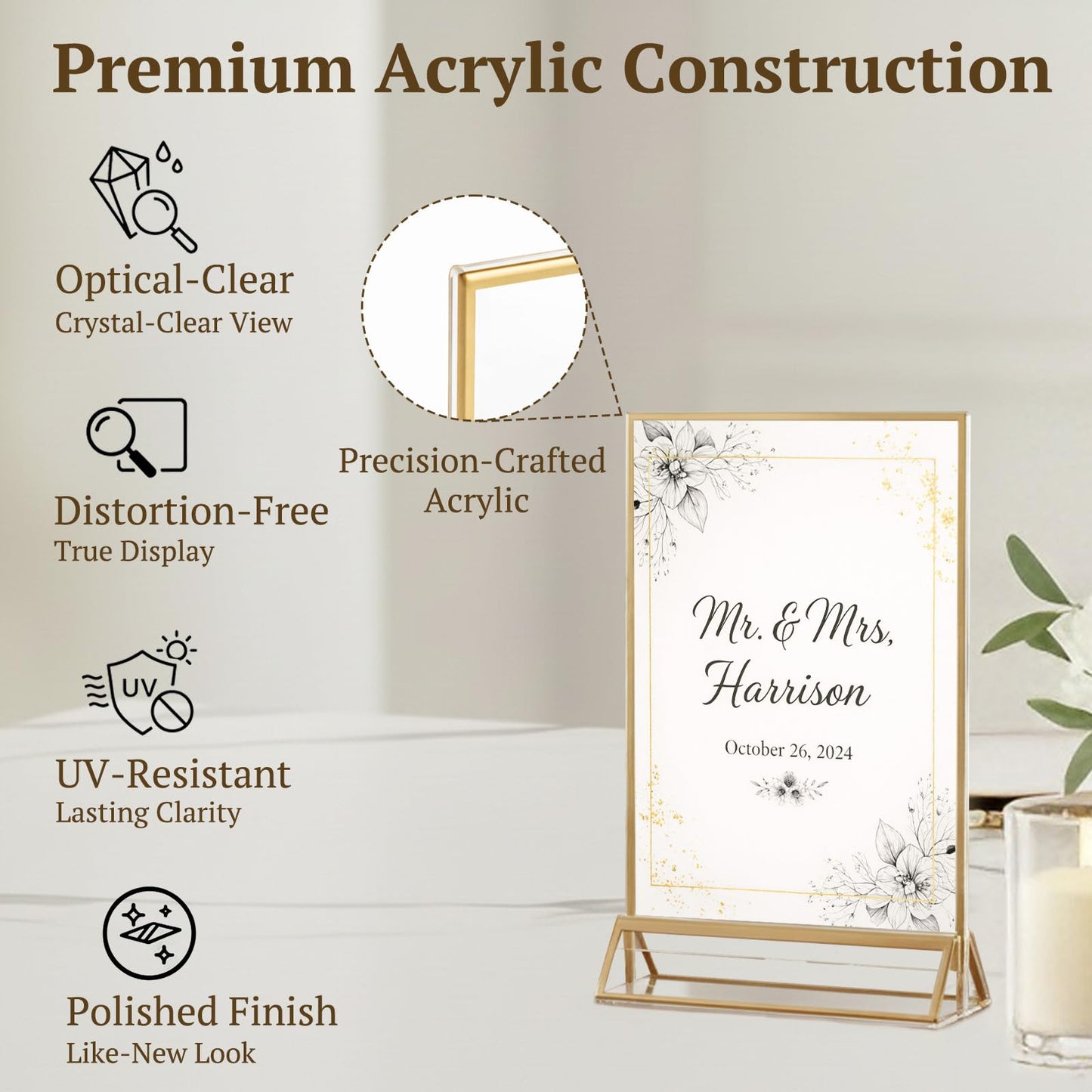 EHWINE 24 Pack Acrylic Sign Holder 4 x 6, Double Sided Gold Picture Frame Stand up Table Top Sign Holders, Clear Display Stand Menu Flyer Holder for Wedding Party