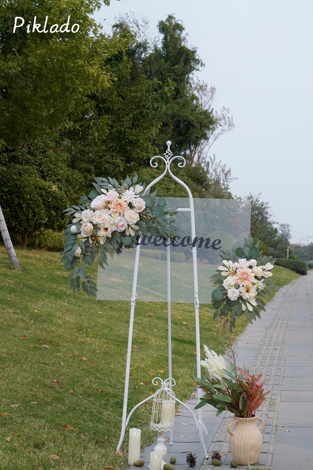 Piklado Faux Flower Swag Set of 2 for Wedding Welcome Signs Floral Swag Wedding Reception Ceremony Signs Decor (Champagne & Cream)