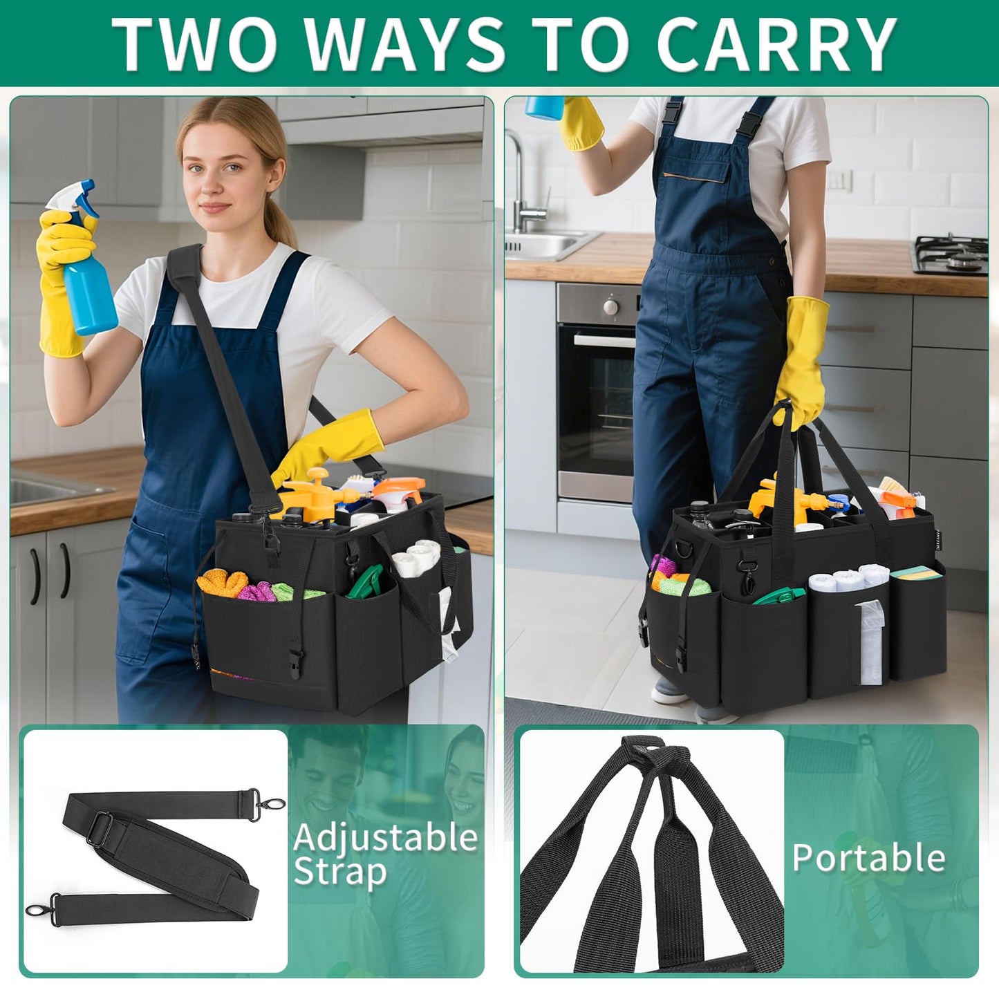 IBVIVIC Wearable Cleaning Caddy Bag for Cleaning Supplies, Large Capacity Cleaning Organizer Tote Bag Simple Kitchen Cleaning Supplies Storage Bag for Cleaners Housekeepers (Black)