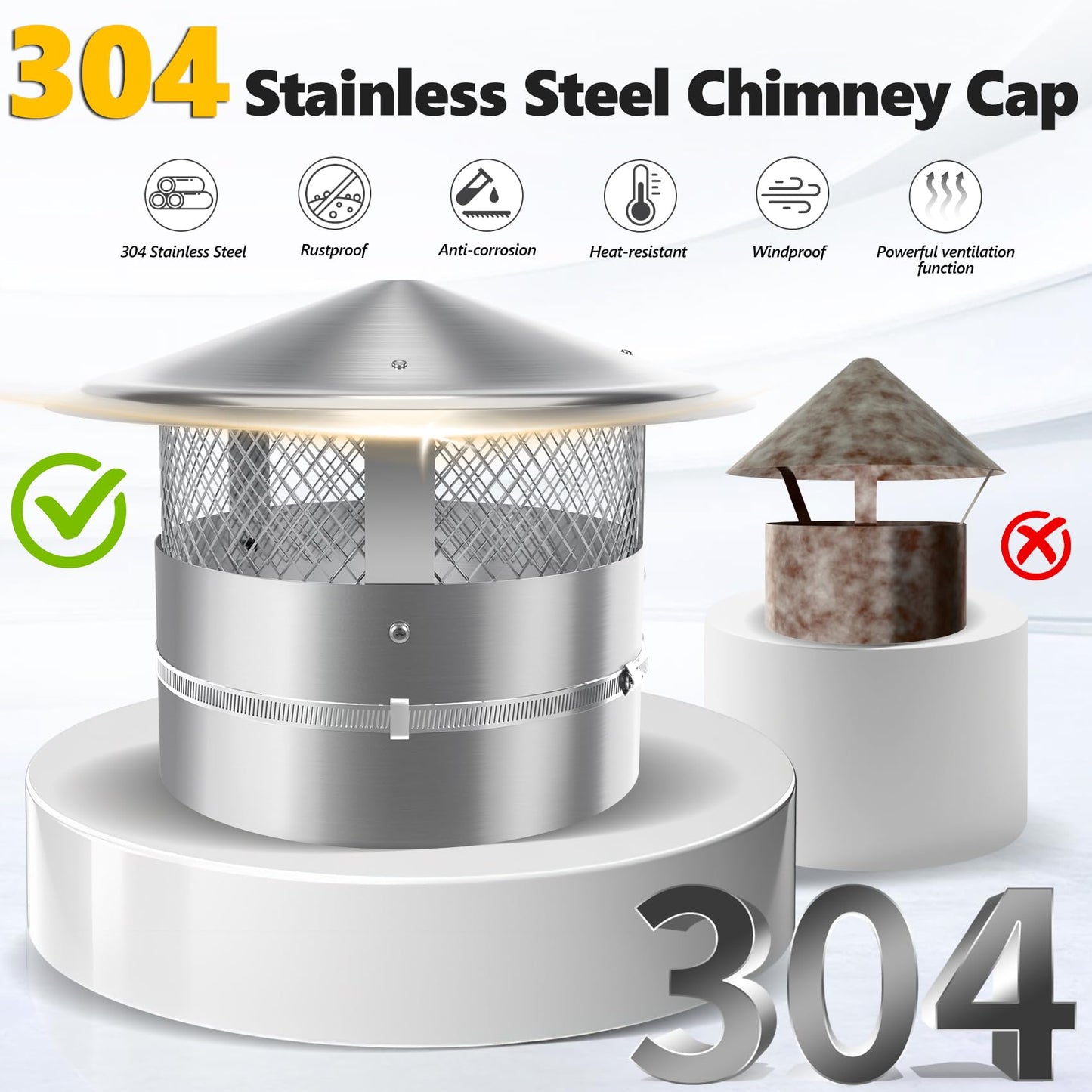 8 Inch Chimney Cap, 8" Stainless Steel Cone Top Chimney Cap with Screen, Adjustable and Reinforced Round Chimney Cap, Chimney Cover for Vents,Rain Cap for All-Round Chimney,8 Inch Round Chimney Cap