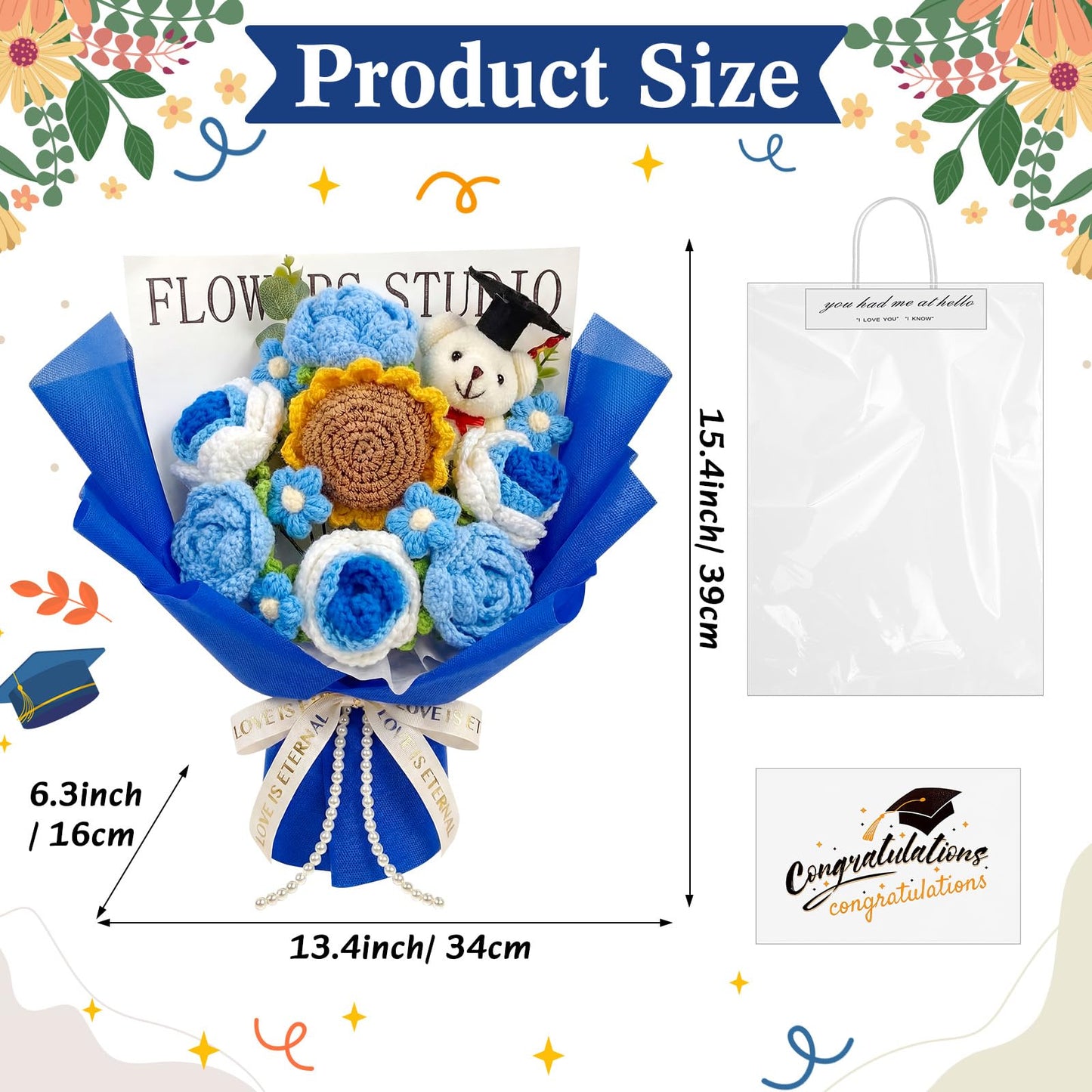 Giegxin Large Graduation Bear Flower Bouquet Set Crochet Graduation Bouquet Gift 2026 Handmade Sunflower Rose Greeting Card Gift Bag for Birthday Teacher Appreciation Grad Party Favor Supplies(Blue)