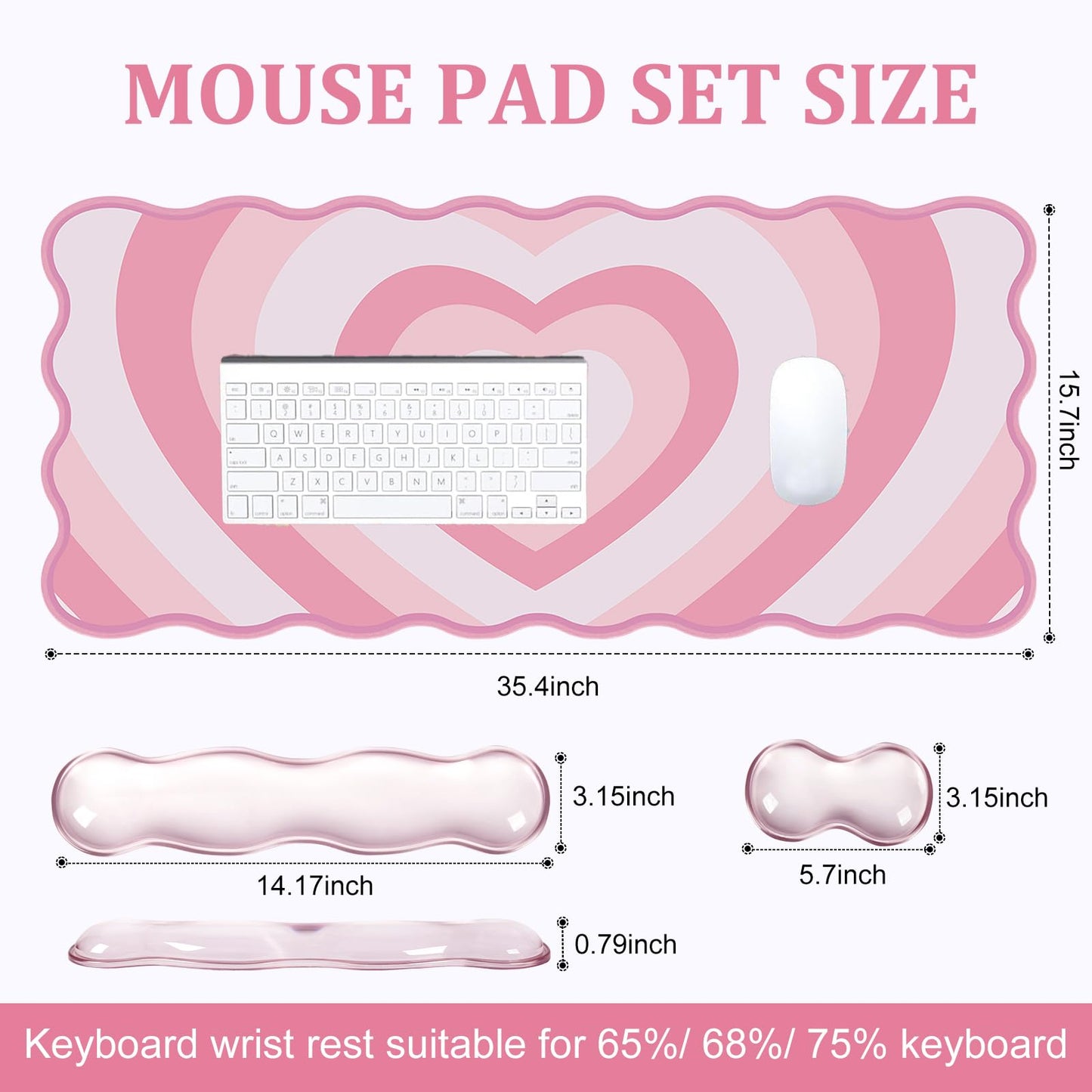 L-SPOUTTO Pink Heart Mouse Pad Set,Scalloped XXL Desk Mat + Ergonomic Mouse Wrist Rest + Gel Keyboard Wrist Rest for Keyboard 65%/75%,3in1 Large Desk Pad for Desktop Home Office Computer Game