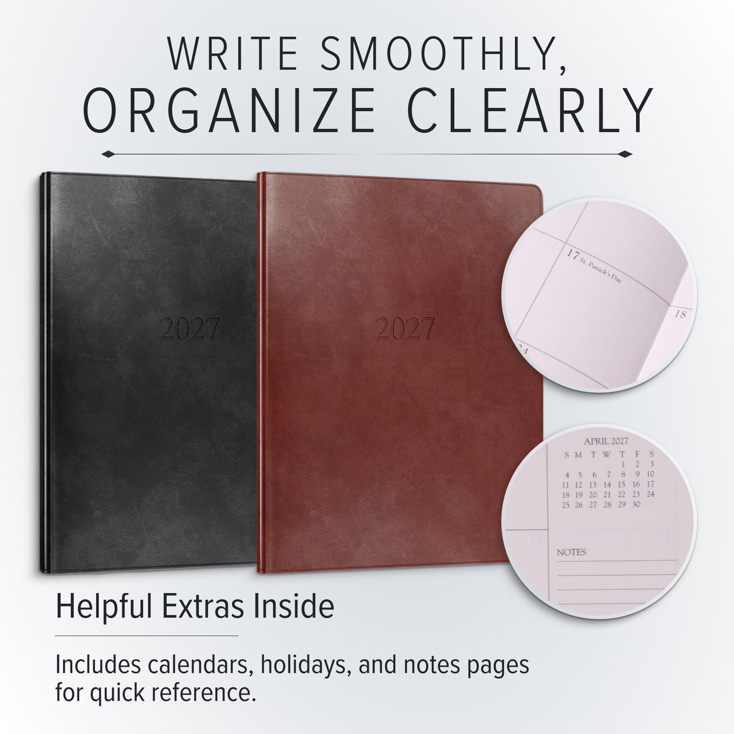 Gallery Leather Large Monthly Planner 2027, Elegantly Bound Calendar Planner and Notebook with Stylish Gold-Gilded Page Edges, 18 Months - Acadia Black - 9.75x7.5"