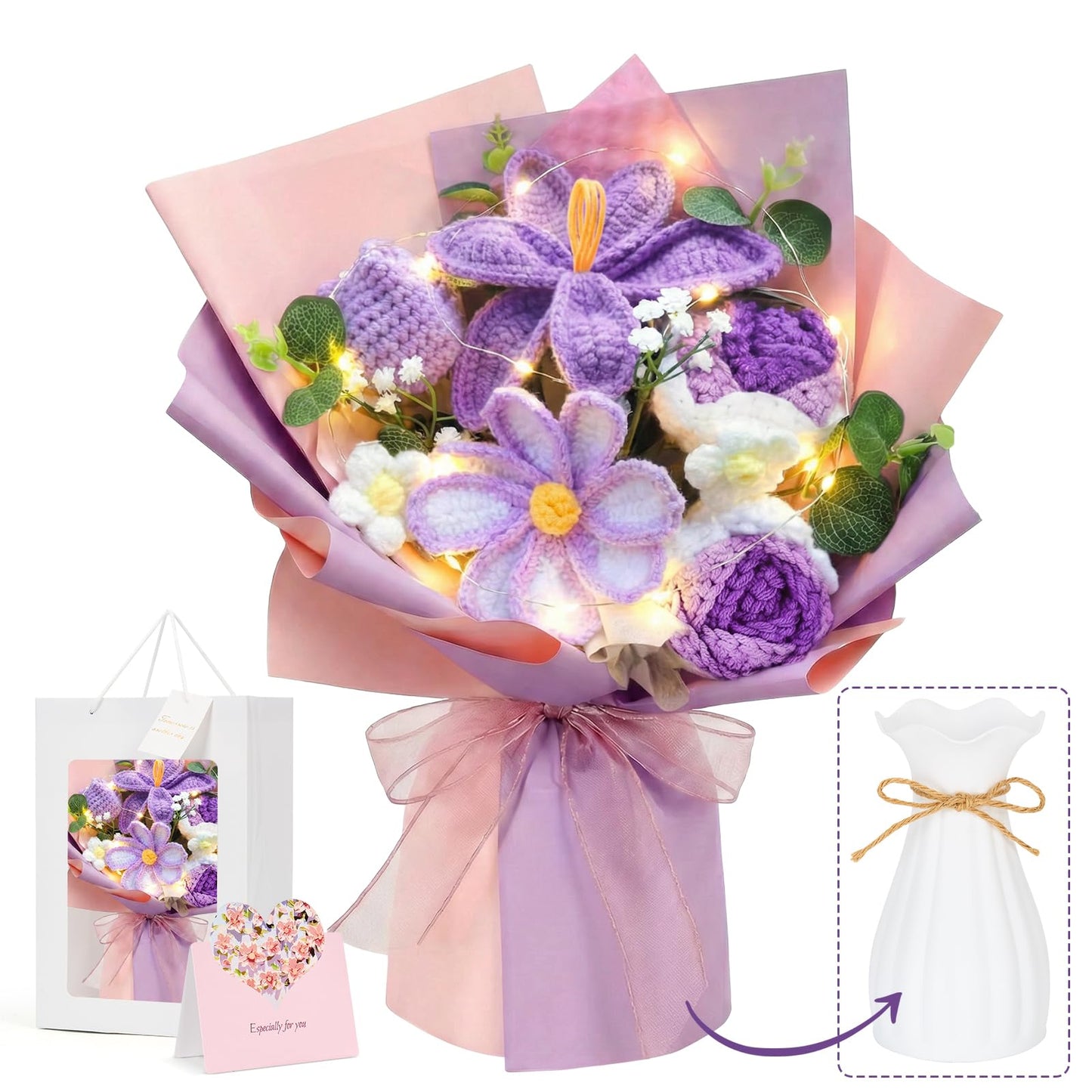 Crochet Flower Bouquet, Purple Handmade Knitted Flowers with Lights & Vase Crochet Tulips Galsang Liliy Rose Daisy Flower for Mothers Day Graduation Wedding Lover Teacher Anniversary Birthday Gift