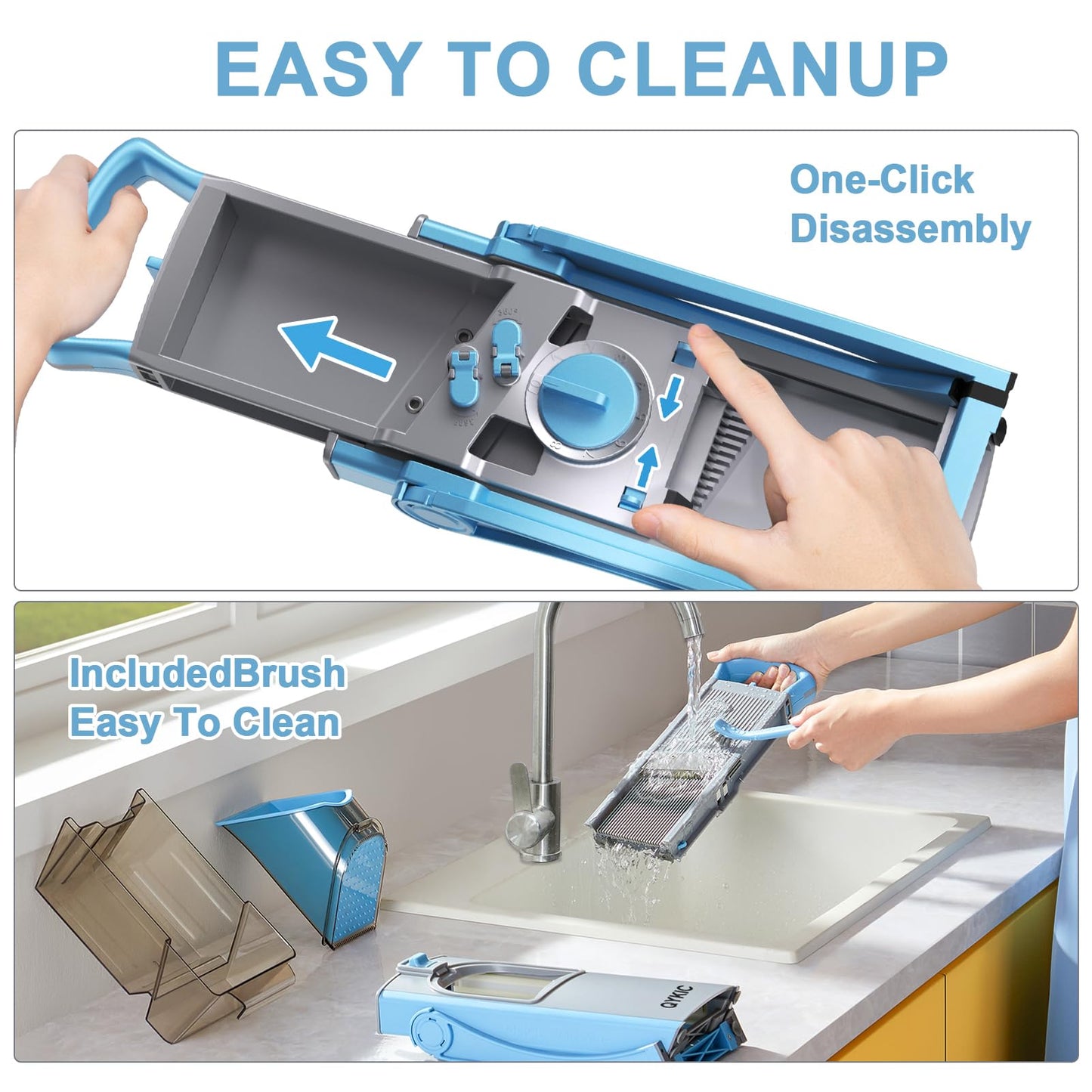 QYKIC Upgrade Safe Mandoline Slicer for Kitchen, Vegetable Chopper and Slicer, Potato Slicer Thickness Adjuster, French Fry Cutter, Veggie Onion Dicer Faster Kitchen Mandolin for Meal Prep (Blue)