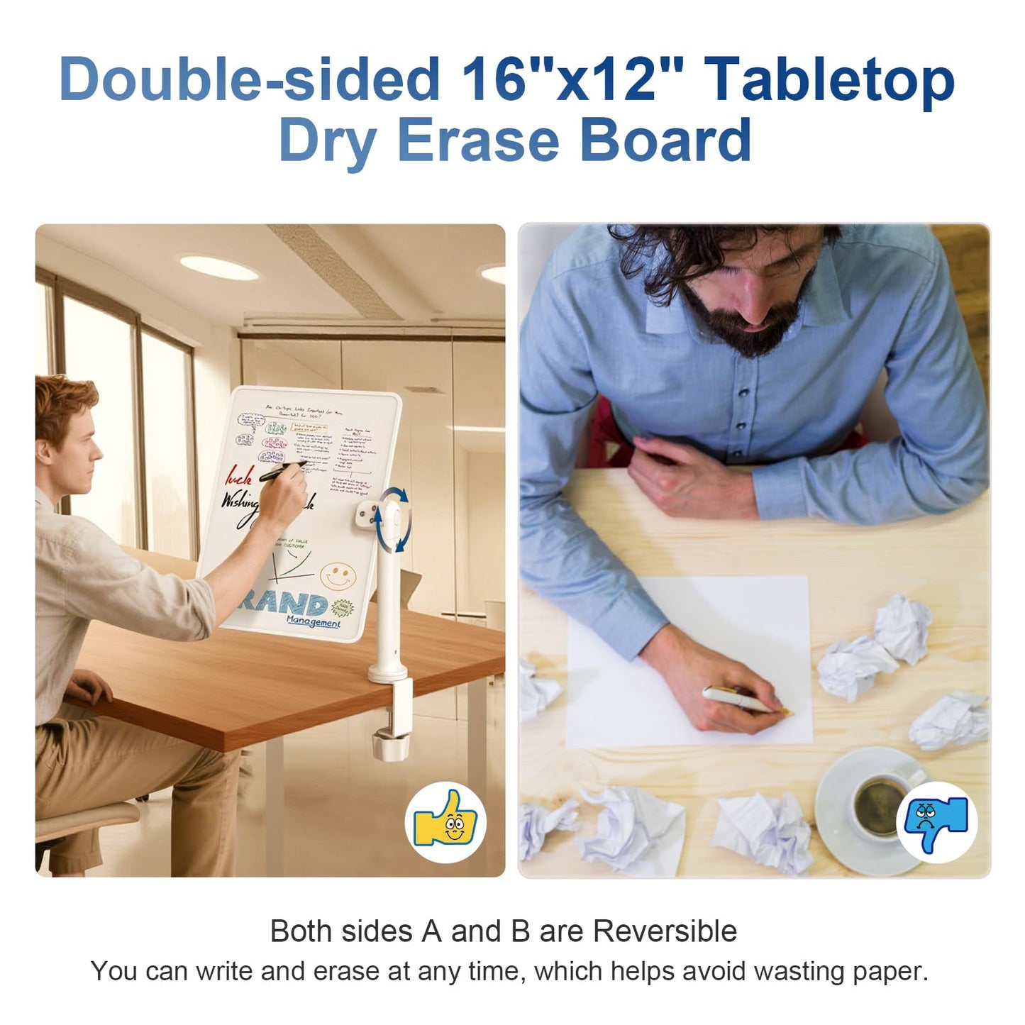 Double-Sided Desk Whiteboard with Dual 360 Swivel - 16" x 12" Clamp-On Desktop Whiteboard for Tables Under 2.3" Thick for Office, Home, School (2pc)