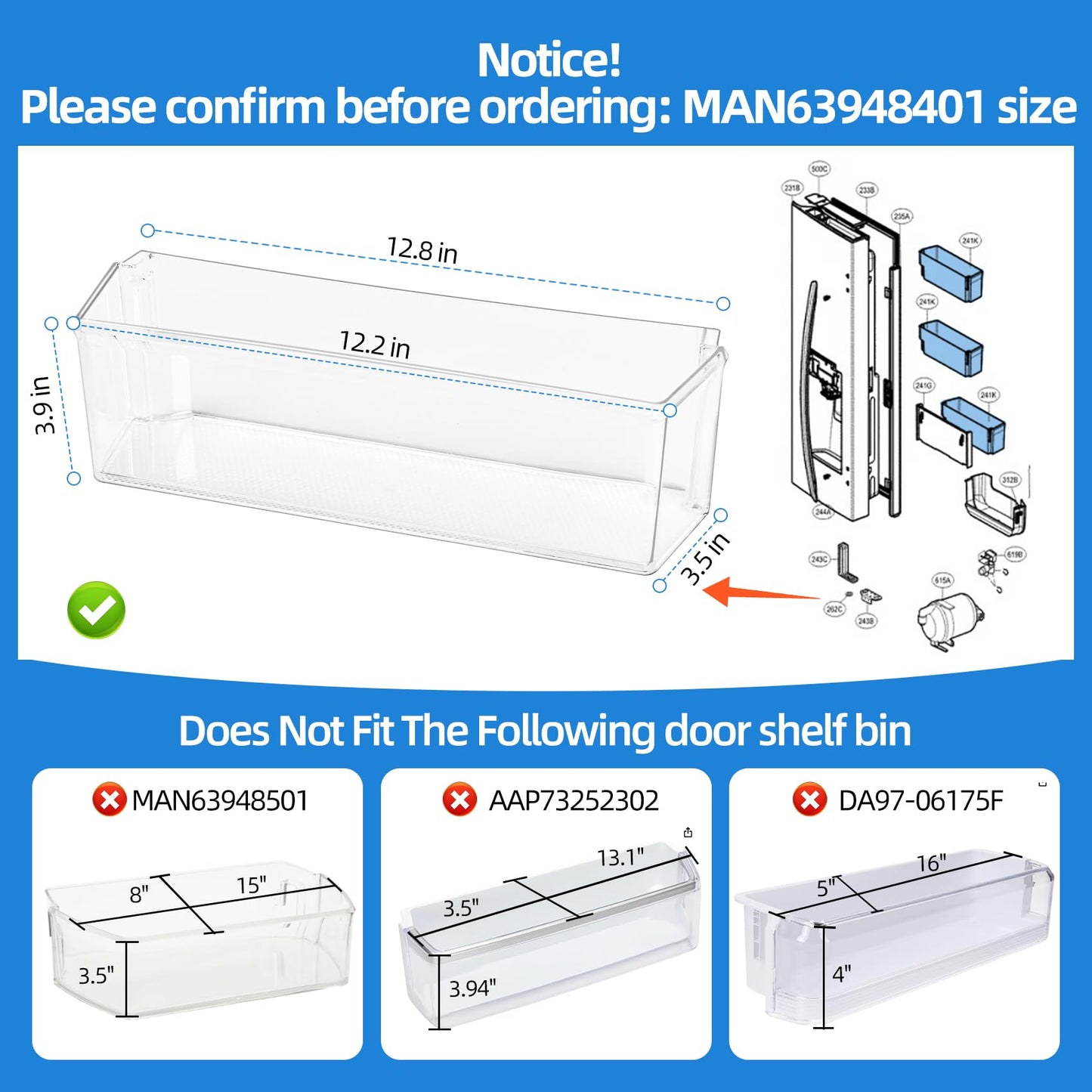 MAN63948401 Refrigerator Door Shelf Bin Compatible with Kenmore LG LFXS26973S LFXC22526D LMXS28626S LMXS28626D LFXC22526S Left Door Bin Basket Shelf Tray, MAN63948404 Fridge Bin Replaces MAN63948402