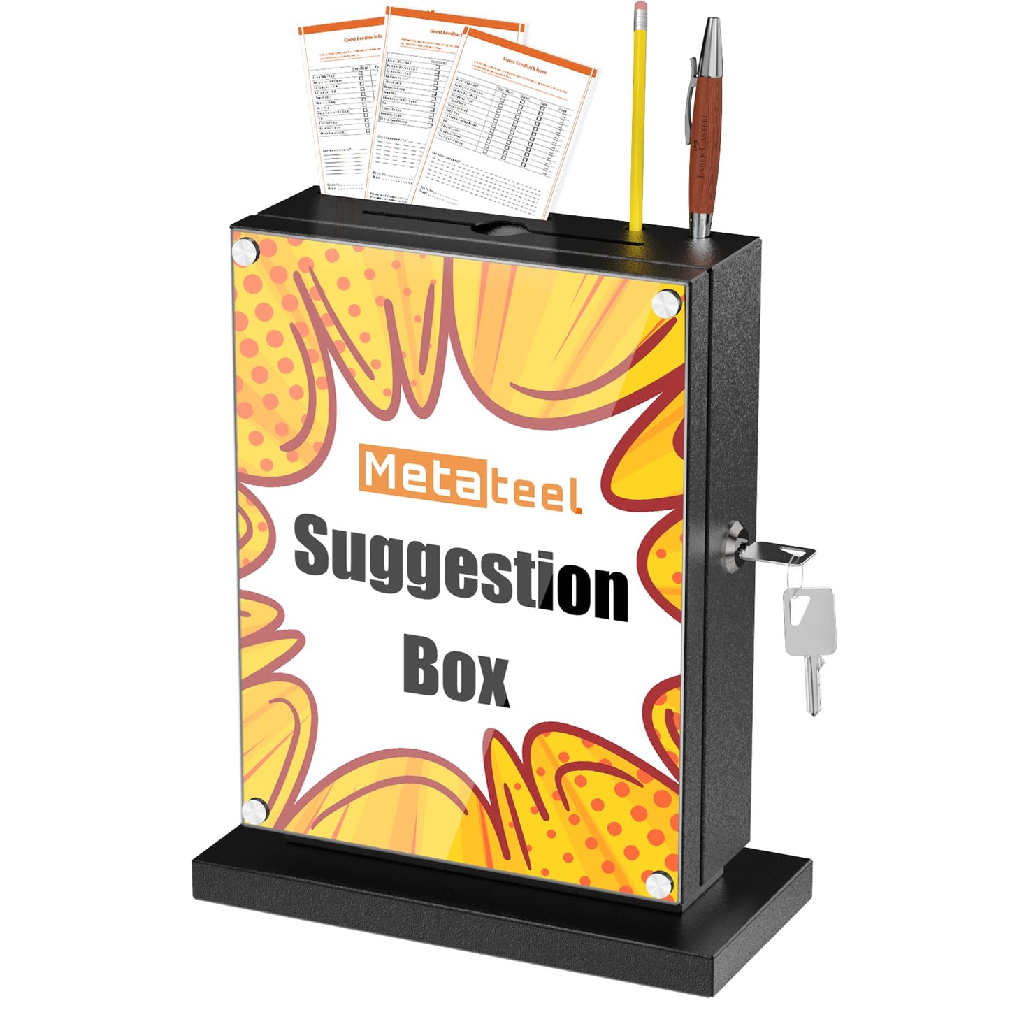 Metateel Suggestion Box with Slot and Lock-Wall Mount Option, Metal Ballot Box with Acrylic Panel for Voting, Black Donation Case with Key Drop Slot and Safe Lock for Fundraising, Hotel and Office Use