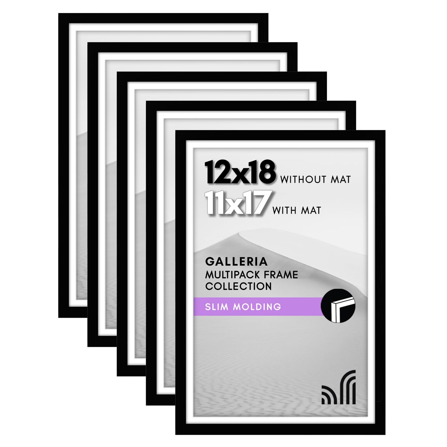 Americanflat 12x18 Poster Frame with Polished Plexiglass - Set of 5 - Use as 11x17 Frame with Mat - Galleria Collection - Picture Frames for Wall Display - Black