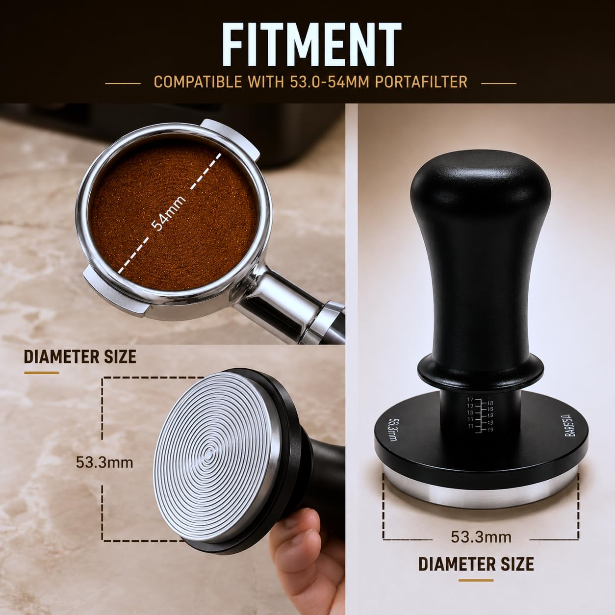 53.3mm Premium Professional Barista Kit 4-in-1: Double Spring Loaded Self-Leveling Espresso Tamper with WDT Tool, Dosing Funnel & Anti-Slip Base. Anodized Aluminum for 53mm - 54mm Portafilters.