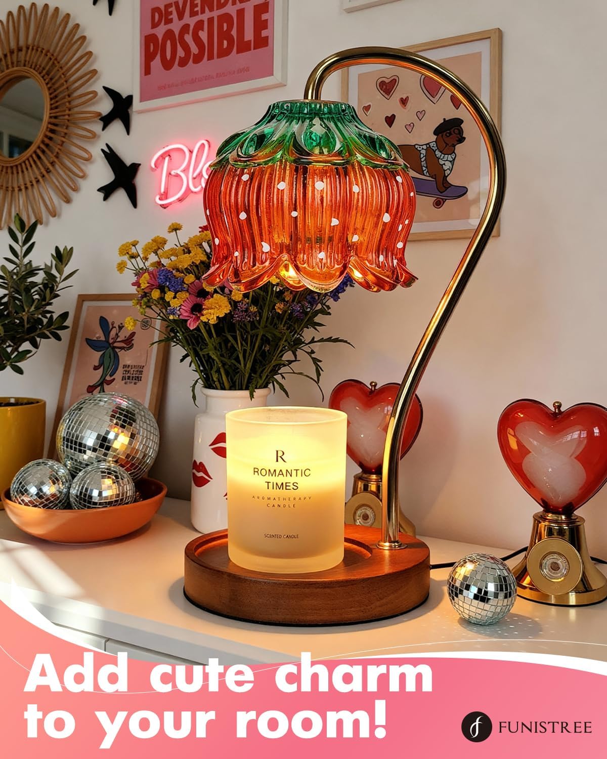 Funistree Flower Candle Warmer Lamp with Timer, Dimmable Candle Lamp Warmer, Christmas Birthday Gifts for Women Mom Her, House Warming for Home Decor, Lotus Wax Warmer for Yankee Candles-Strawberry