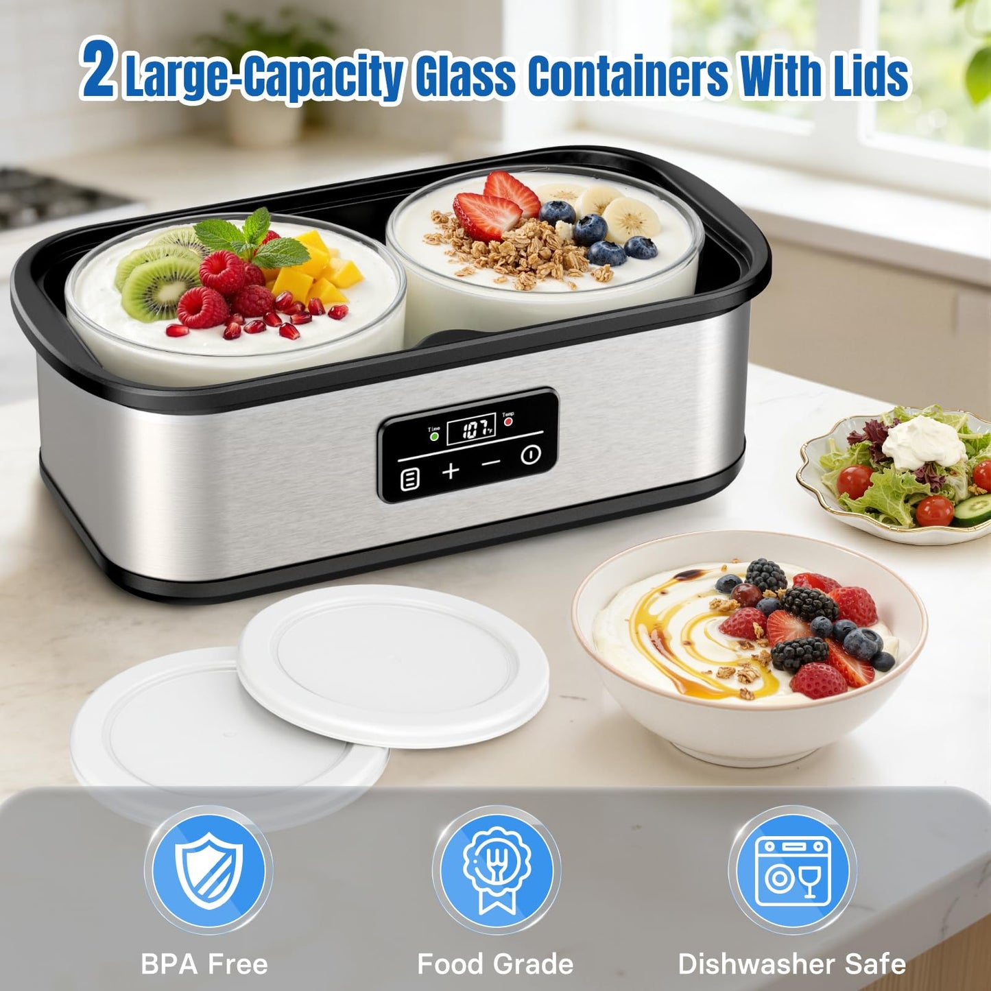 Yogurt Maker with 8 Glass Jars, Yogurt Maker Machine with Adjustable 1-48H Time & Temp Control, Make Healthy Yogurt with Full Probiotics