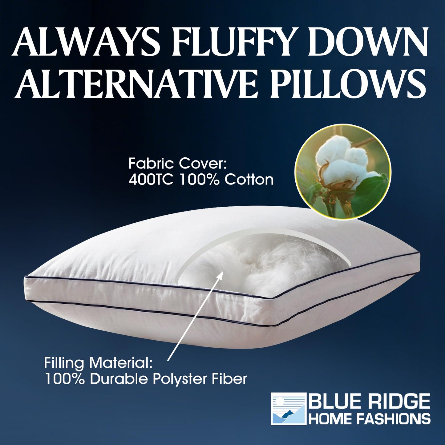 Blue Ridge Home Fashions Hotel Collection Pillows Queen Size Set of 2, Medium Soft Down Alternative Fill with Gusseted Design, Breathable 400 Thread Count Cotton Cover for All Sleep Positions