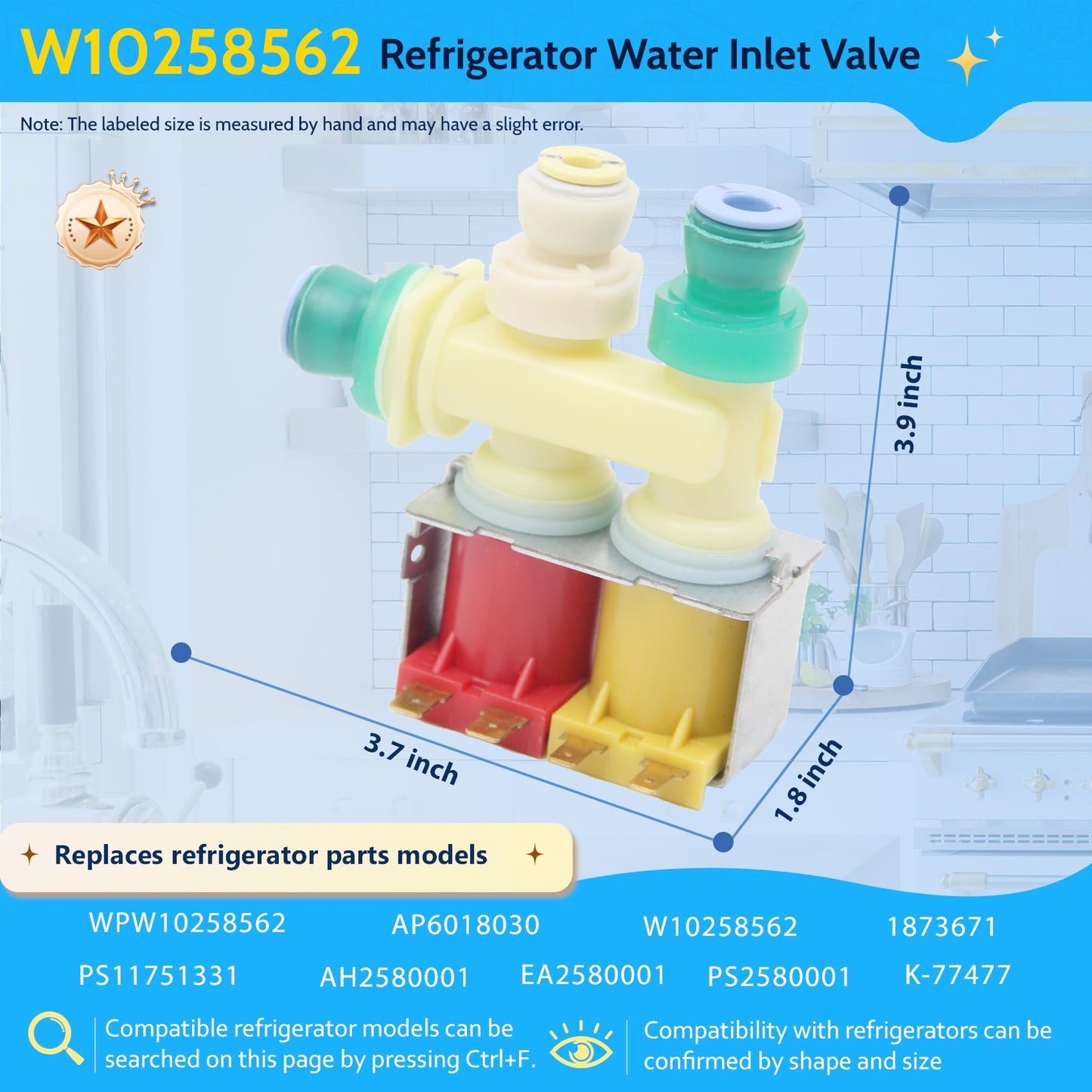W10258562 Refrigerator Water Inlet Valve For Whirlpool Refrigerator Water Inlet Valve Refrigerator Ice Making Water Inlet Valve Parts Replacement, Replaceable Model WPW10258562 AP6018030 PS11751331