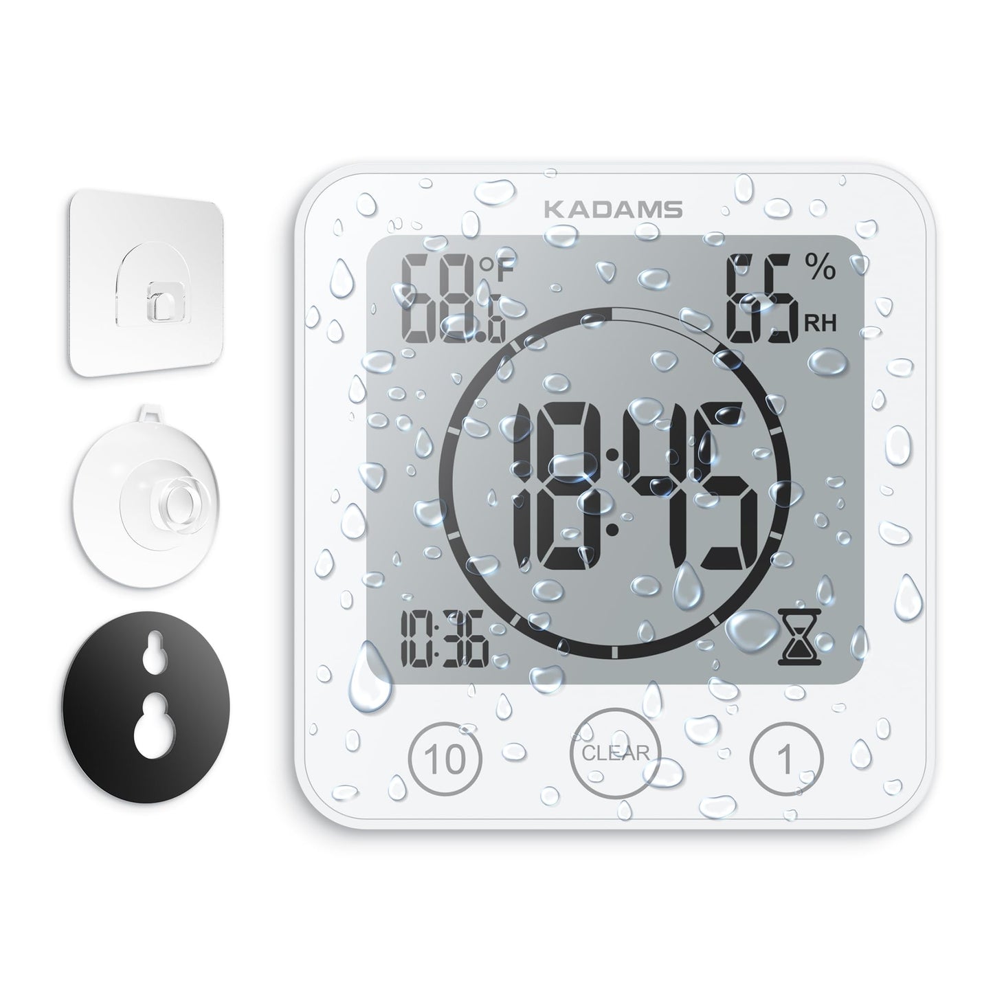 KADAMS Shower Clock Waterproof Bathroom Timer – Digital Wall Clock with Countdown, Magnetic Kitchen Clock with Temperature & Humidity, Suction Cup for Kids Shower Spa Sauna Cook Bath, White