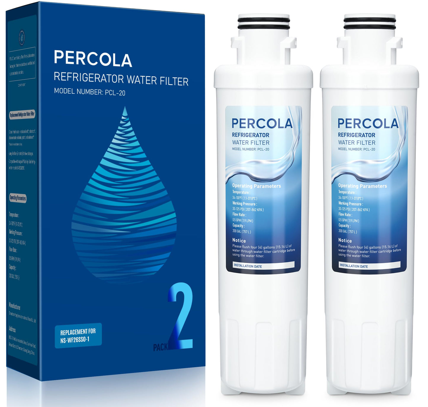 PERCOLA NS-WF26SS0-1 Water Filter, Compatible with Insignia® NS-WF26SS0-1, Insignia® Side-by-Side NSRSS26SS0, NS-RSS26WH0 Refrigerator Models (2 Pack)