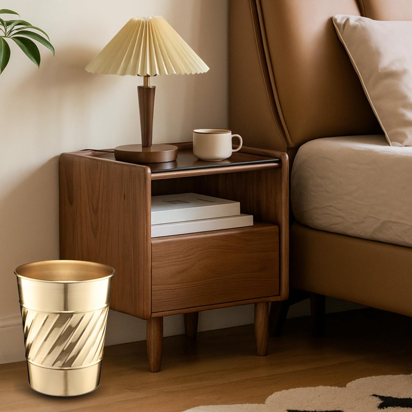 Monarch Abode Metal Bathroom Trash Can – Waste Basket for Bedroom, Office Desk, & Dorm, Handcrafted Wave Embossed, Durable Decorative Brushed Gold Small Trash Can Bathroom Garbage Bin Wastebasket