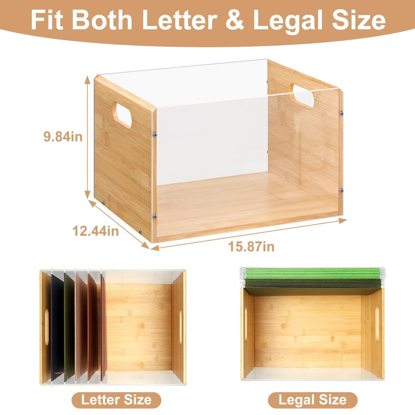 Sbanmao Letter/Legal Bamboo Acrylic File Box Organizer, Hanging File Folder Storage Boxes, Decorative Document Crate Transparent Filing Bin with Handle for Home Office Desk