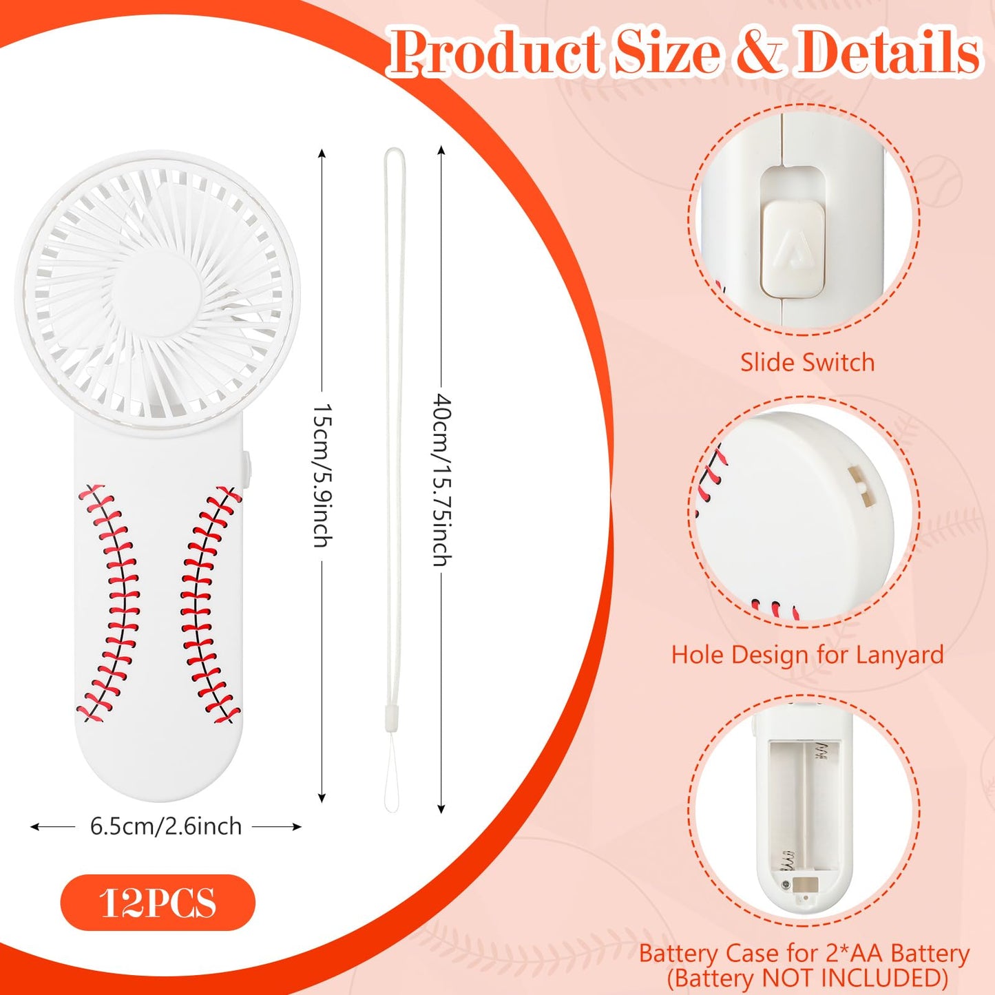 Tujoe 24 Pcs Sport Gifts, Includes 12 Pcs Cooling Towels 40"x12" Workout Towels, 12 Portable Fan Mini Handheld Fan for Team Gift Sport Party Favors, Battery Not Include(White,Baseball)